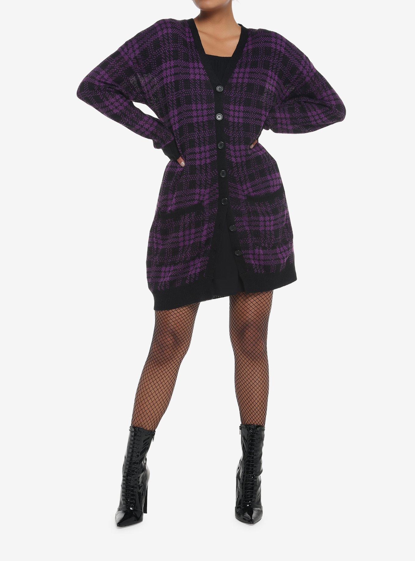 Purple & Black Plaid Oversized Girls Cardigan, PURPLE, alternate