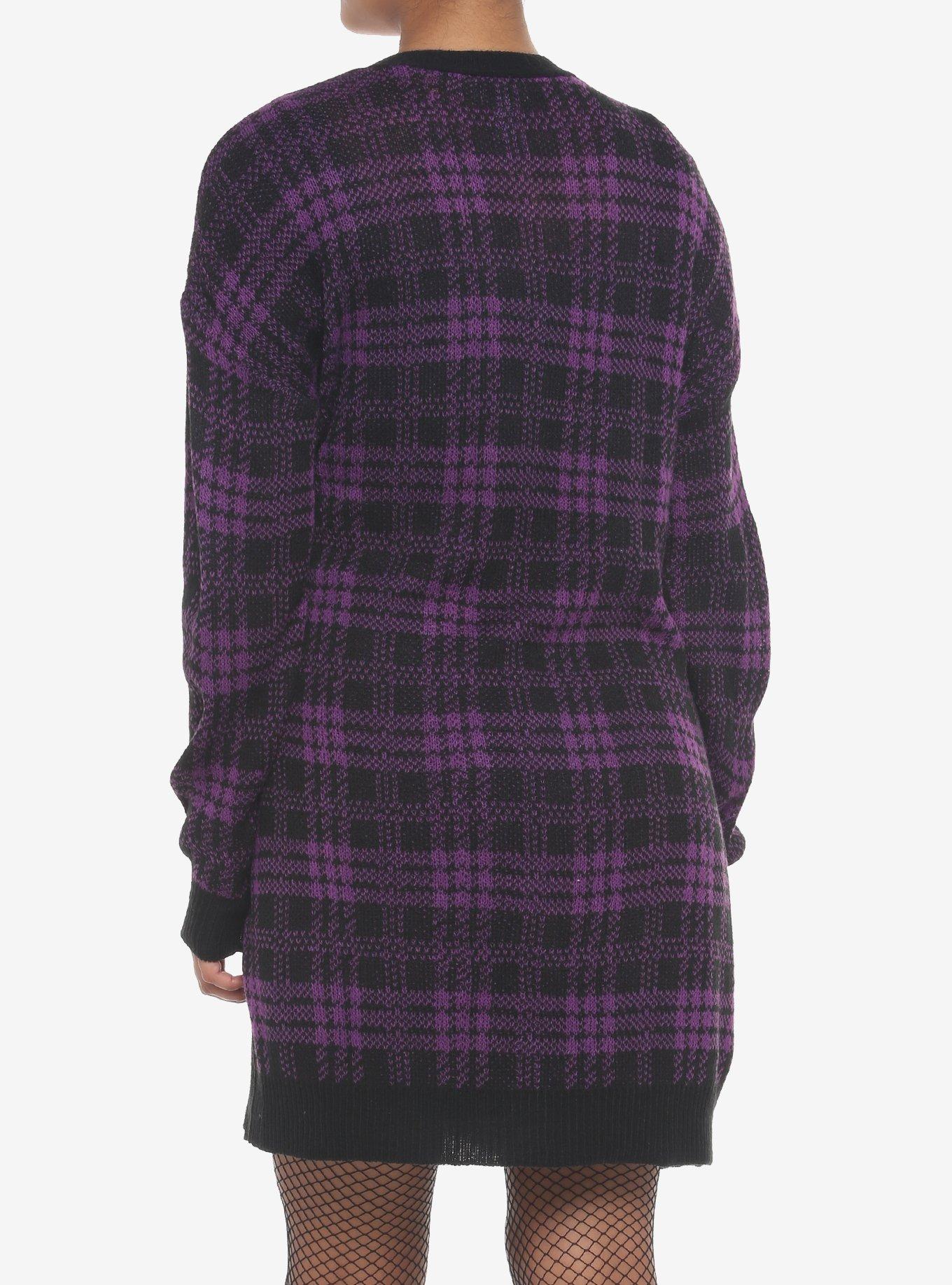 Purple & Black Plaid Oversized Girls Cardigan, PURPLE, alternate