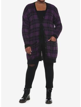 Purple & Black Plaid Oversized Girls Cardigan Plus Size, , hi-res