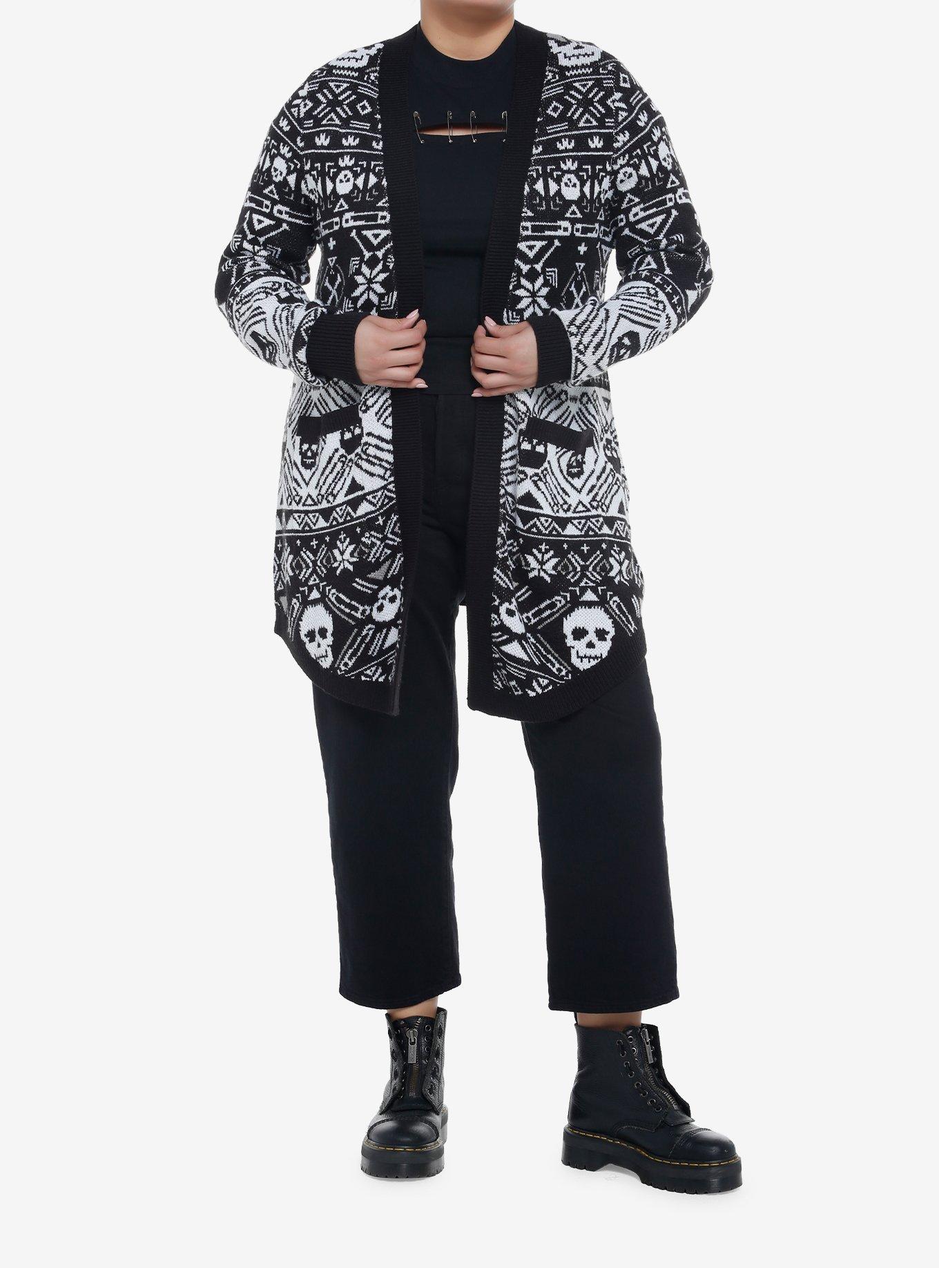 Skulls Fair Isle Girls Open Cardigan Plus Size, BLACK, alternate