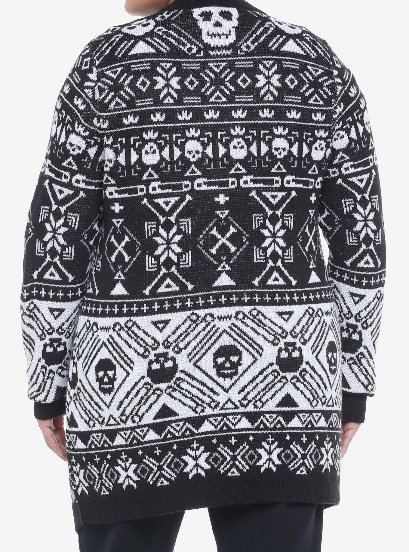 Skulls Fair Isle Girls Open Cardigan Plus Size, BLACK, alternate