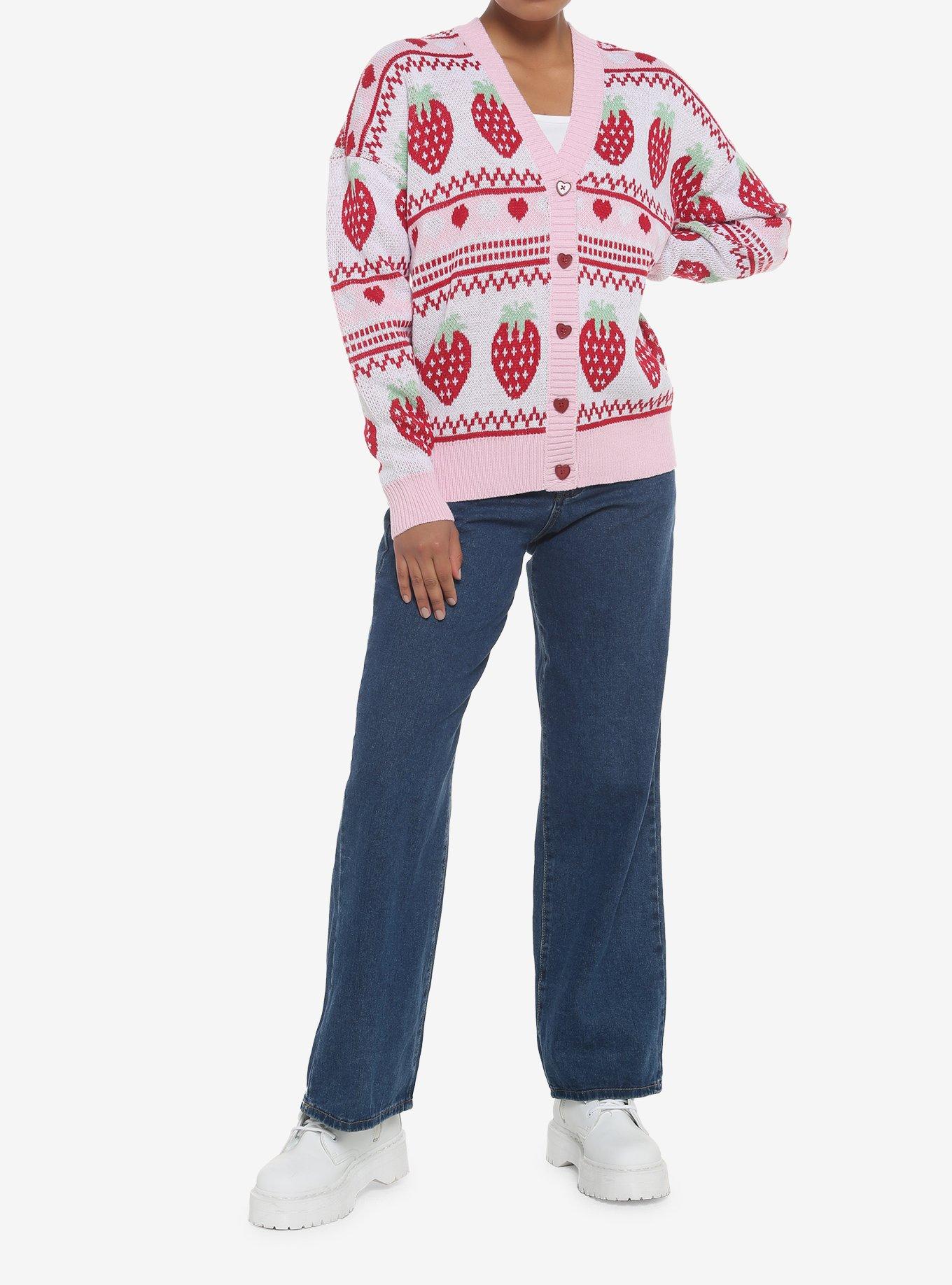 Strawberry Fair Isle Girls Oversized Cardigan, PINK, alternate