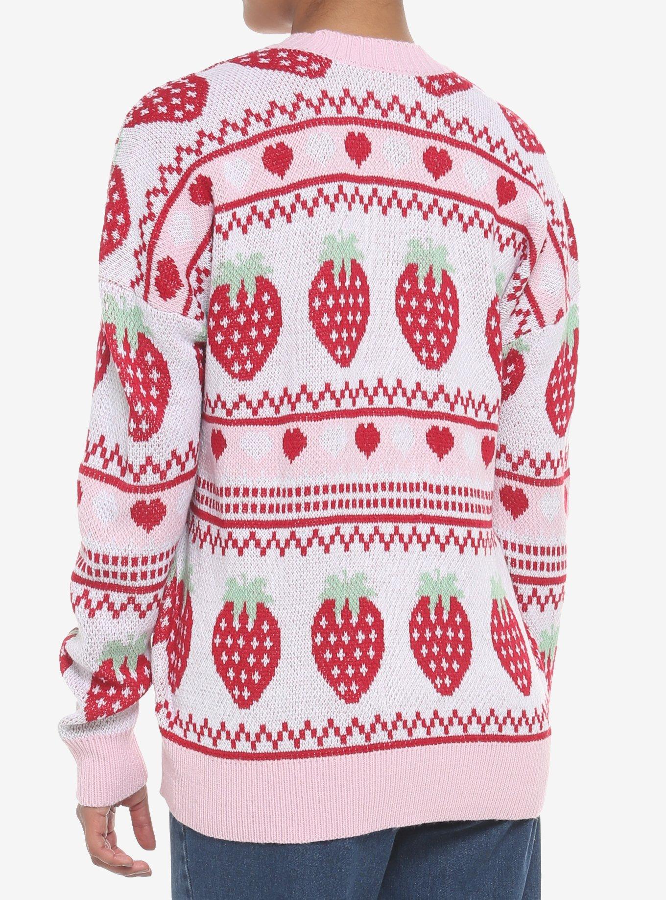 Strawberry Fair Isle Girls Oversized Cardigan, PINK, alternate