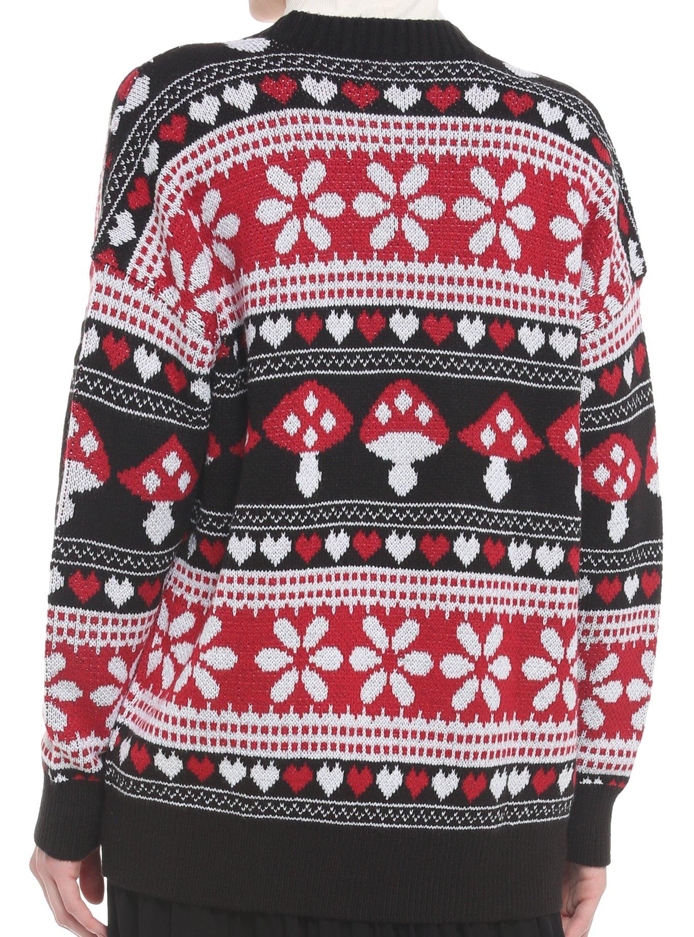 Mushrooms & Hearts Fair Isle Girls Oversized Cardigan, RED, alternate