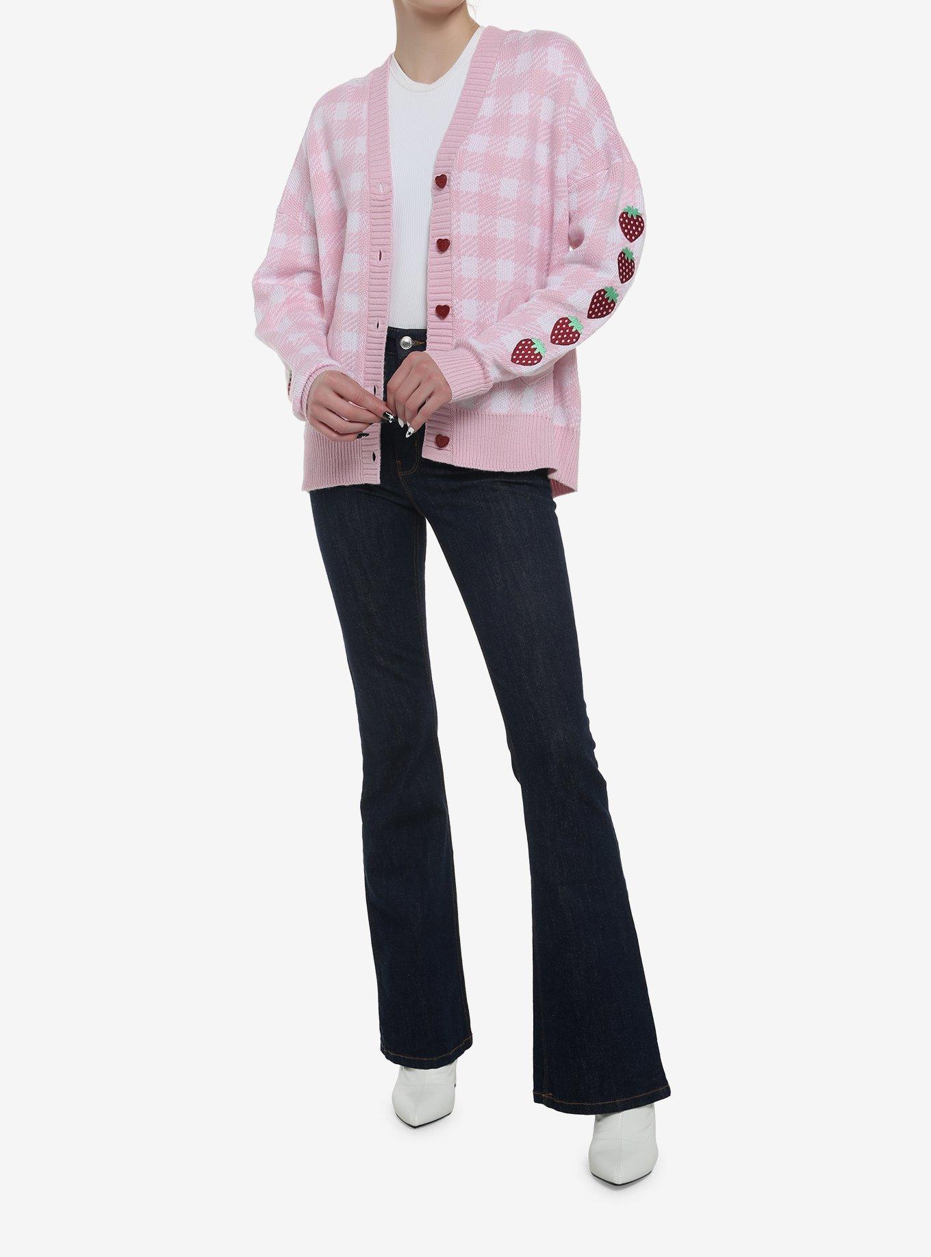 Pink Gingham Strawberry Heart Girls Oversized Cardigan, PINK, alternate
