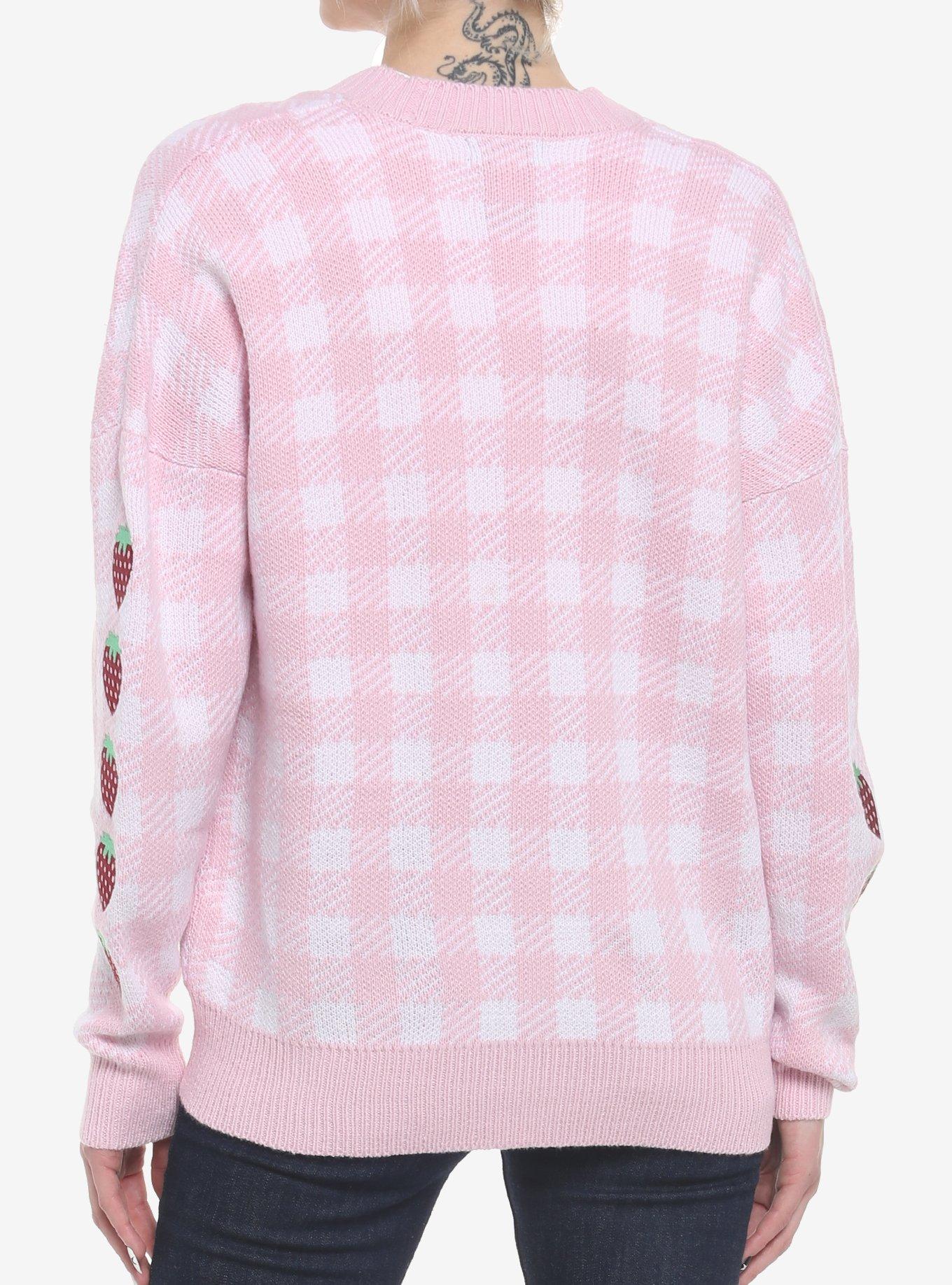 Pink Gingham Strawberry Heart Girls Oversized Cardigan, PINK, alternate