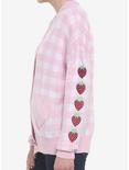 Pink Gingham Strawberry Heart Girls Oversized Cardigan, PINK, alternate