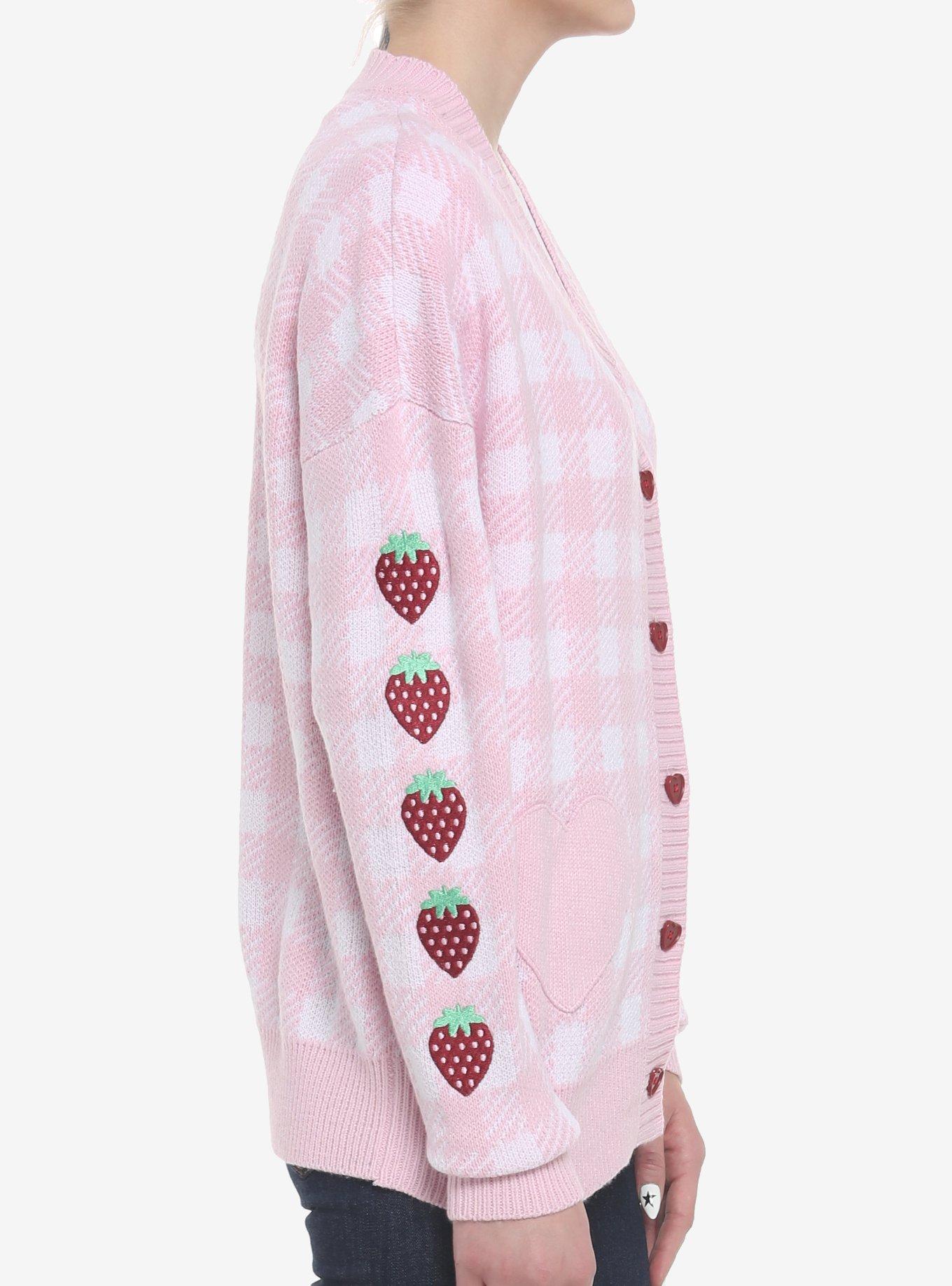 Pink Gingham Strawberry Heart Girls Oversized Cardigan, PINK, alternate