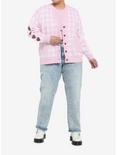 Pink Gingham Strawberry Heart Girls Oversized Cardigan Plus Size, PINK, alternate
