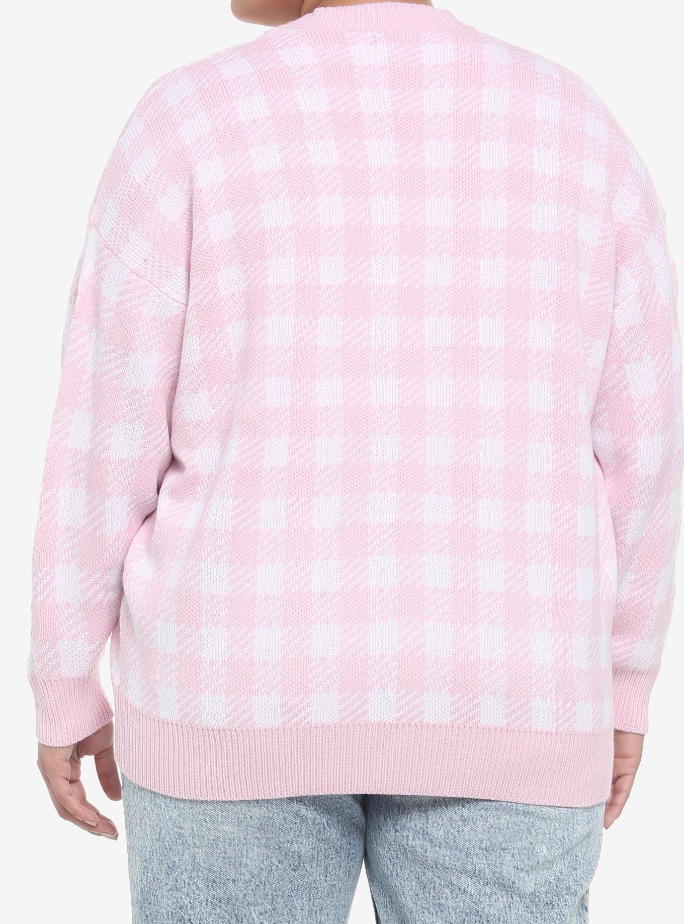 Pink Gingham Strawberry Heart Girls Oversized Cardigan Plus Size, PINK, alternate
