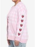 Pink Gingham Strawberry Heart Girls Oversized Cardigan Plus Size, PINK, alternate