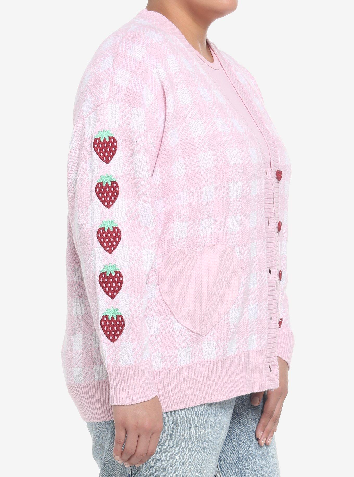 Pink Gingham Strawberry Heart Girls Oversized Cardigan Plus Size, PINK, alternate
