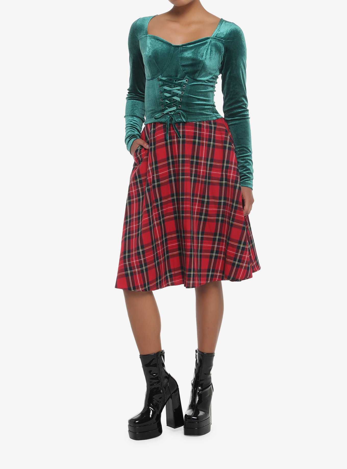 Velvet Green Corset Lace-Up Girls Crop Long-Sleeve, , hi-res