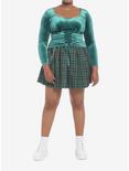 Velvet Green Corset Lace-Up Girls Crop Long-Sleeve Plus Size, GREEN, alternate