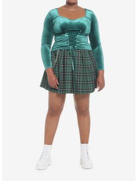 Velvet Green Corset Lace-Up Girls Crop Long-Sleeve Plus Size, , hi-res