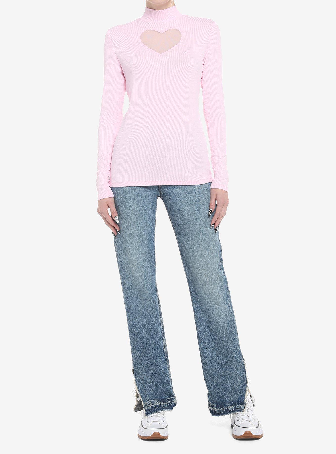 Pastel Pink Heart Cutout Mock Neck Girls Long-Sleeve Top, PINK, alternate