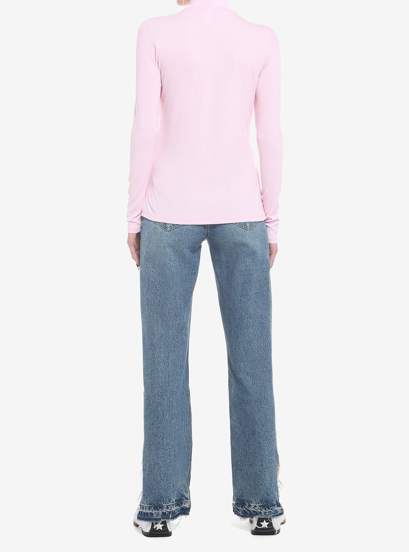 Pastel Pink Heart Cutout Mock Neck Girls Long-Sleeve Top, PINK, alternate