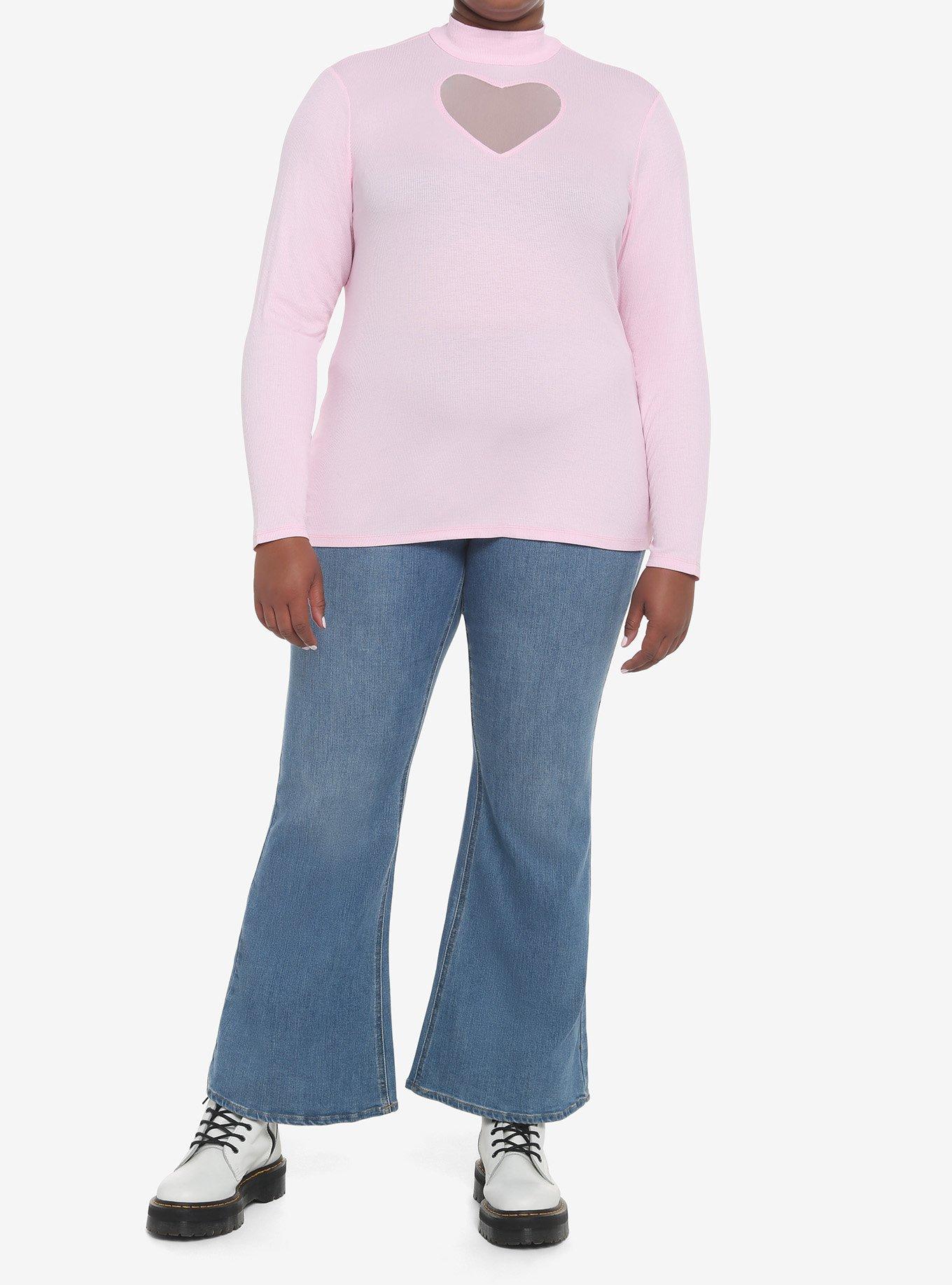 Pastel Pink Heart Cutout Mock Neck Girls Long-Sleeve Top Plus Size, PINK, alternate