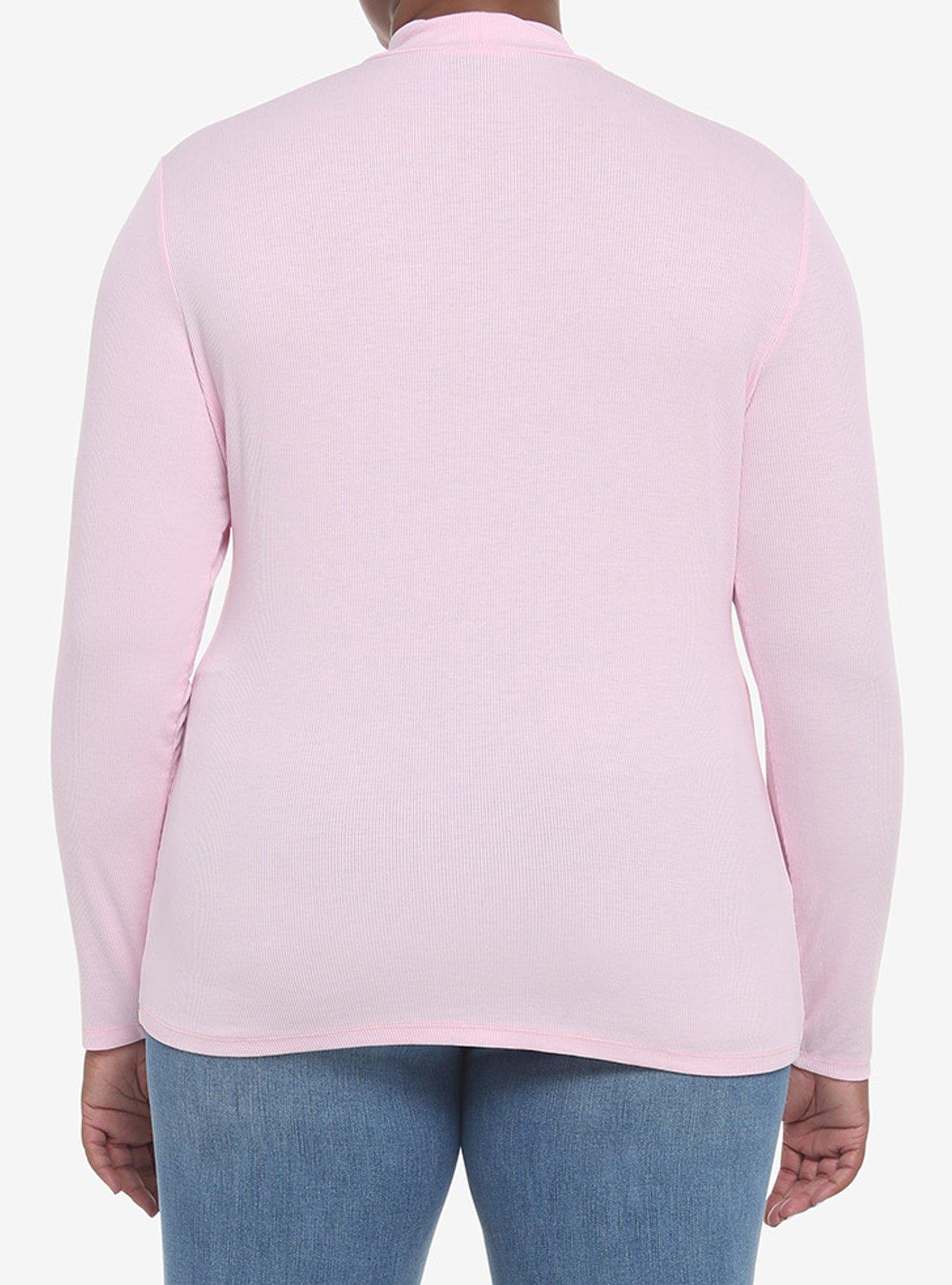 Pastel Pink Heart Cutout Mock Neck Girls Long-Sleeve Top Plus Size, PINK, alternate