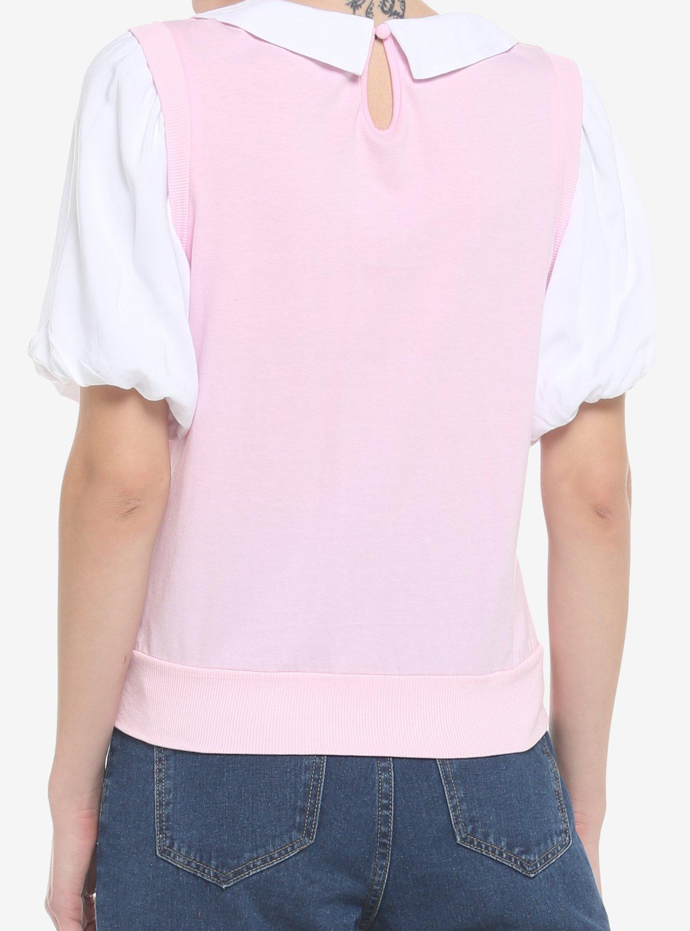 Strawberry Twofer Sweater Vest & Collar Girls Top, PINK, alternate