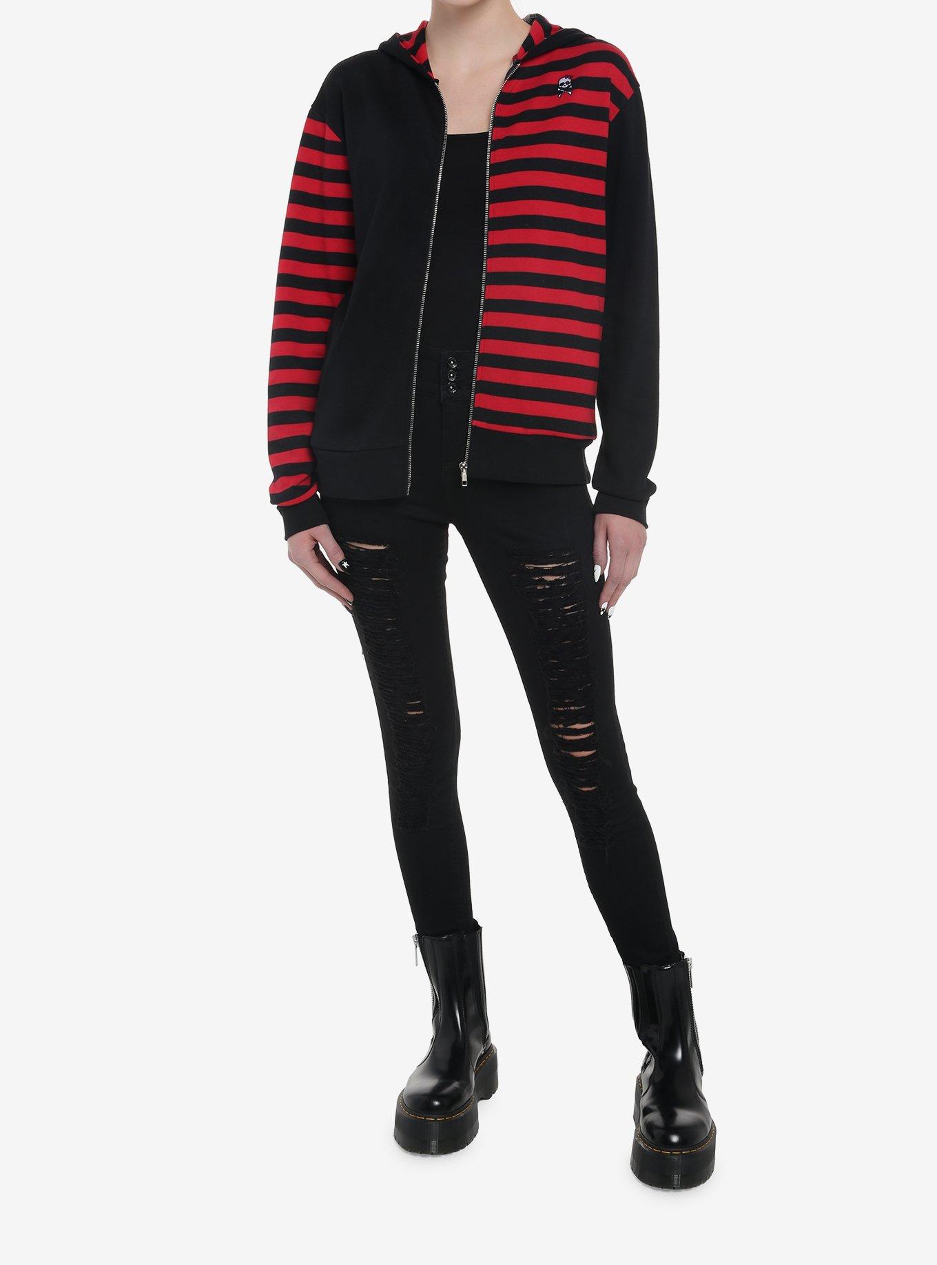 Black & Red Stripe Split Girls Hoodie, BLACK, alternate