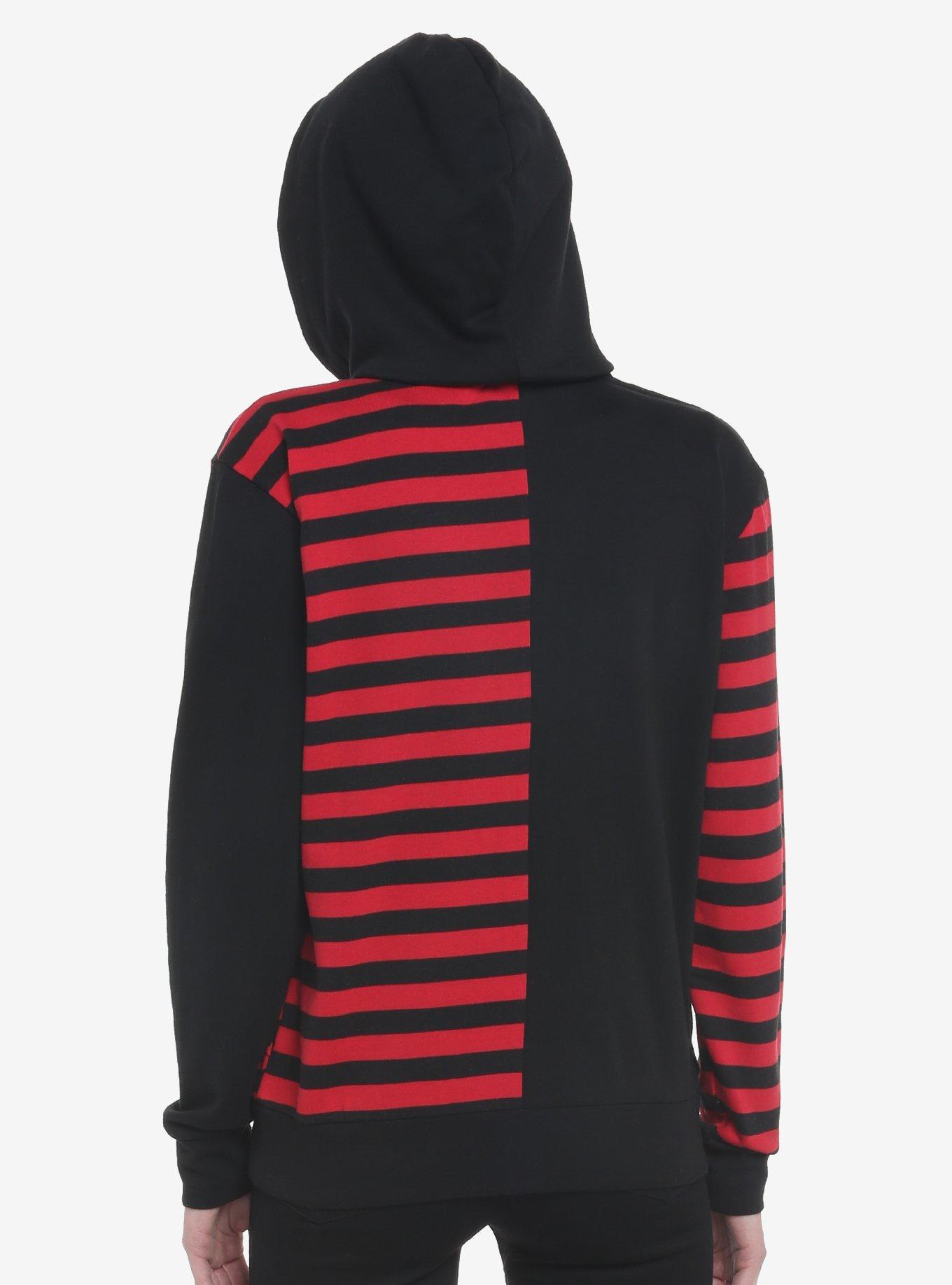 Black & Red Stripe Split Girls Hoodie, BLACK, alternate