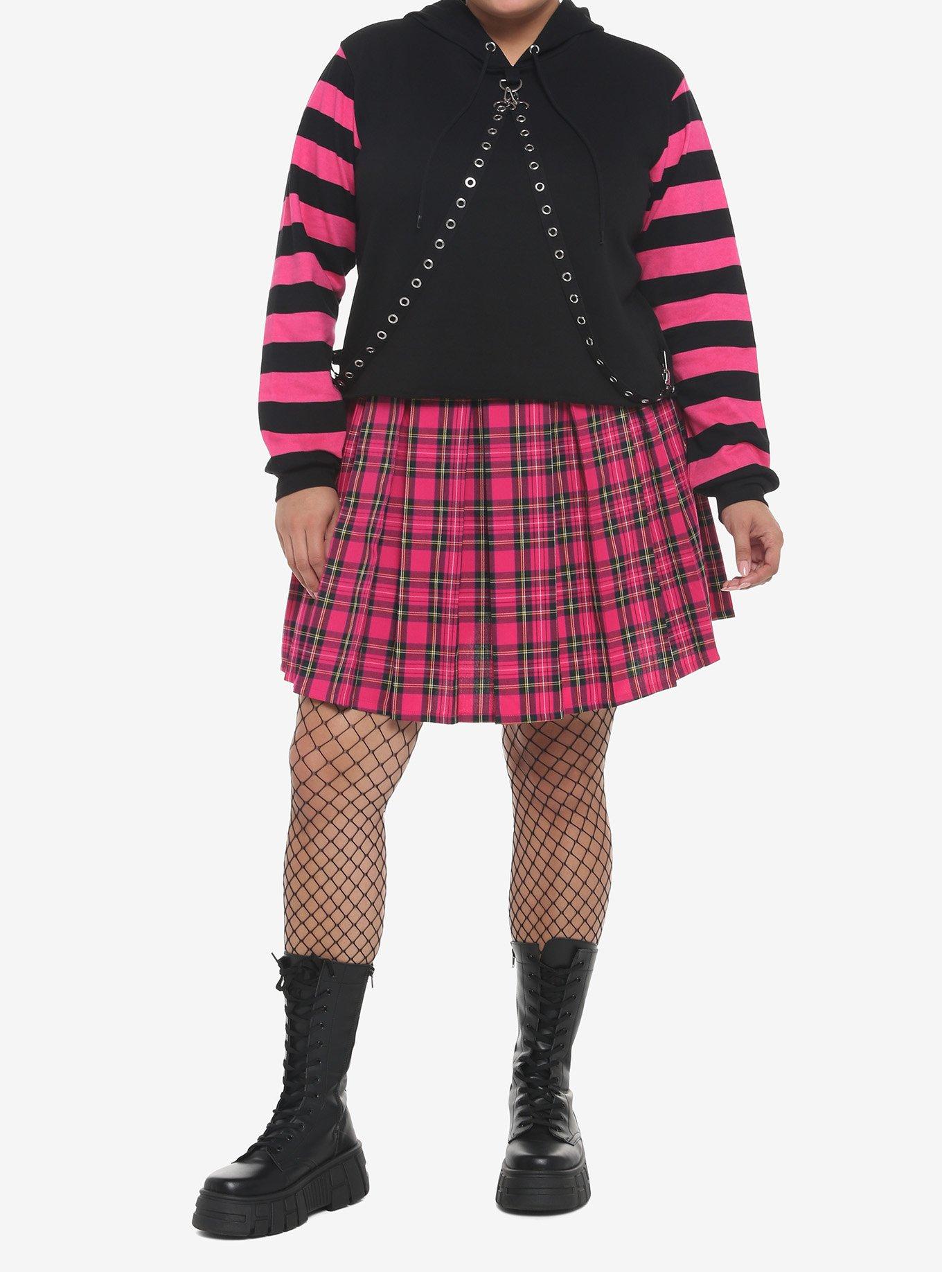 Black & Pink Stripe Harness Girls Crop Hoodie Plus Size, PINK, alternate