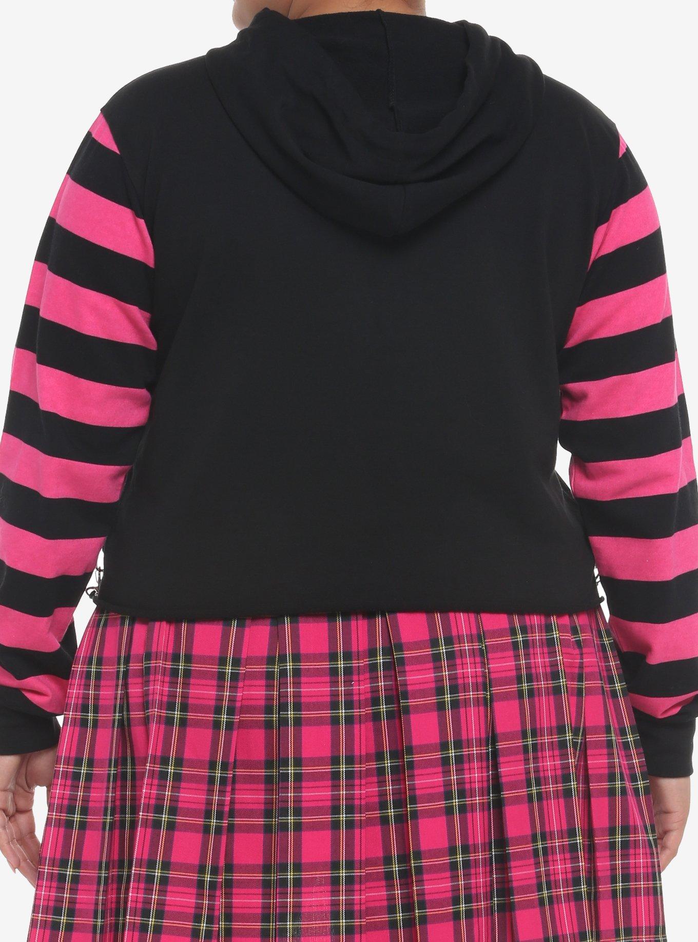 Black & Pink Stripe Harness Girls Crop Hoodie Plus Size, PINK, alternate