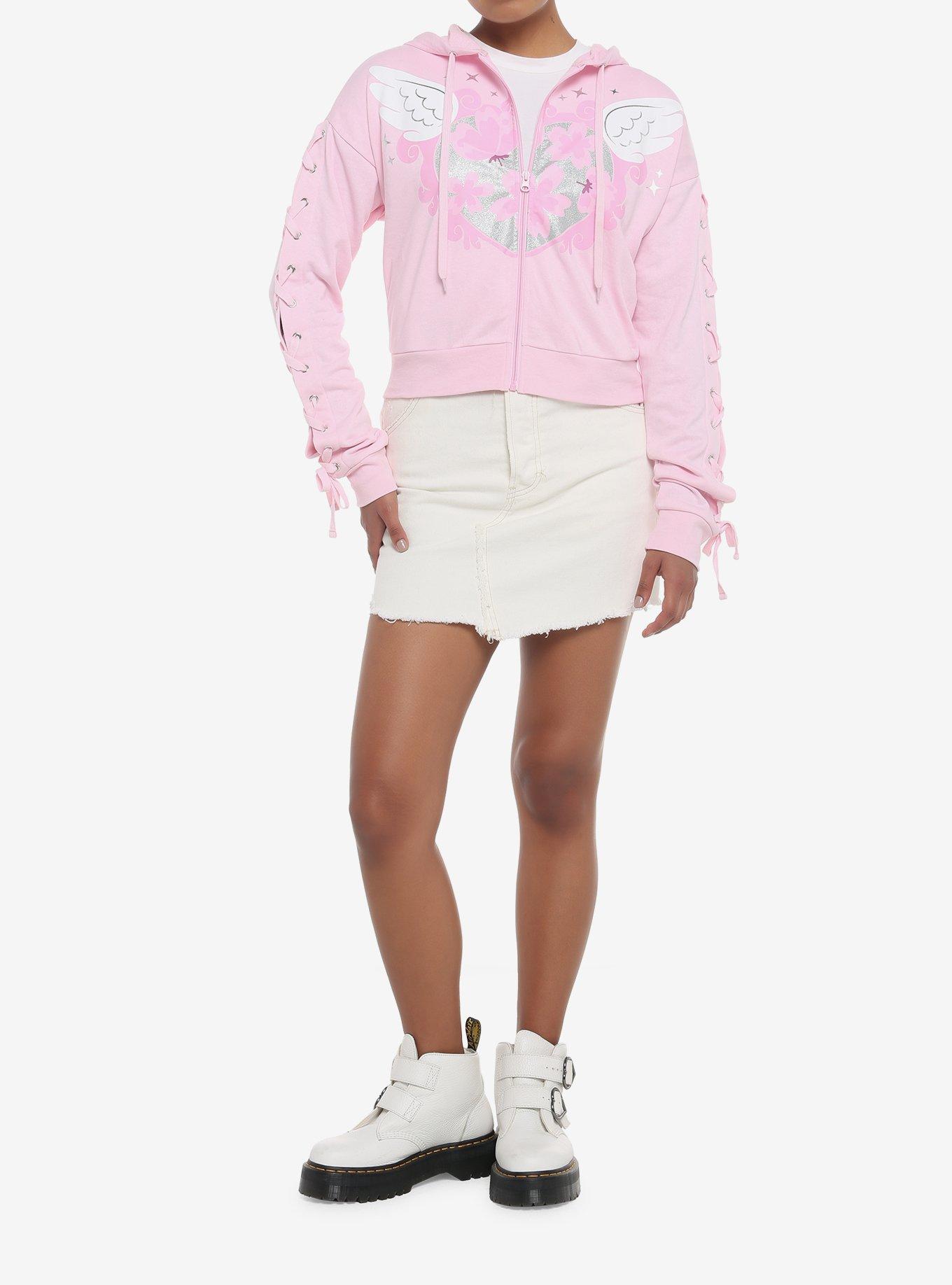 Angel Wings Lace-Up Sleeve Girls Hoodie, PINK, alternate