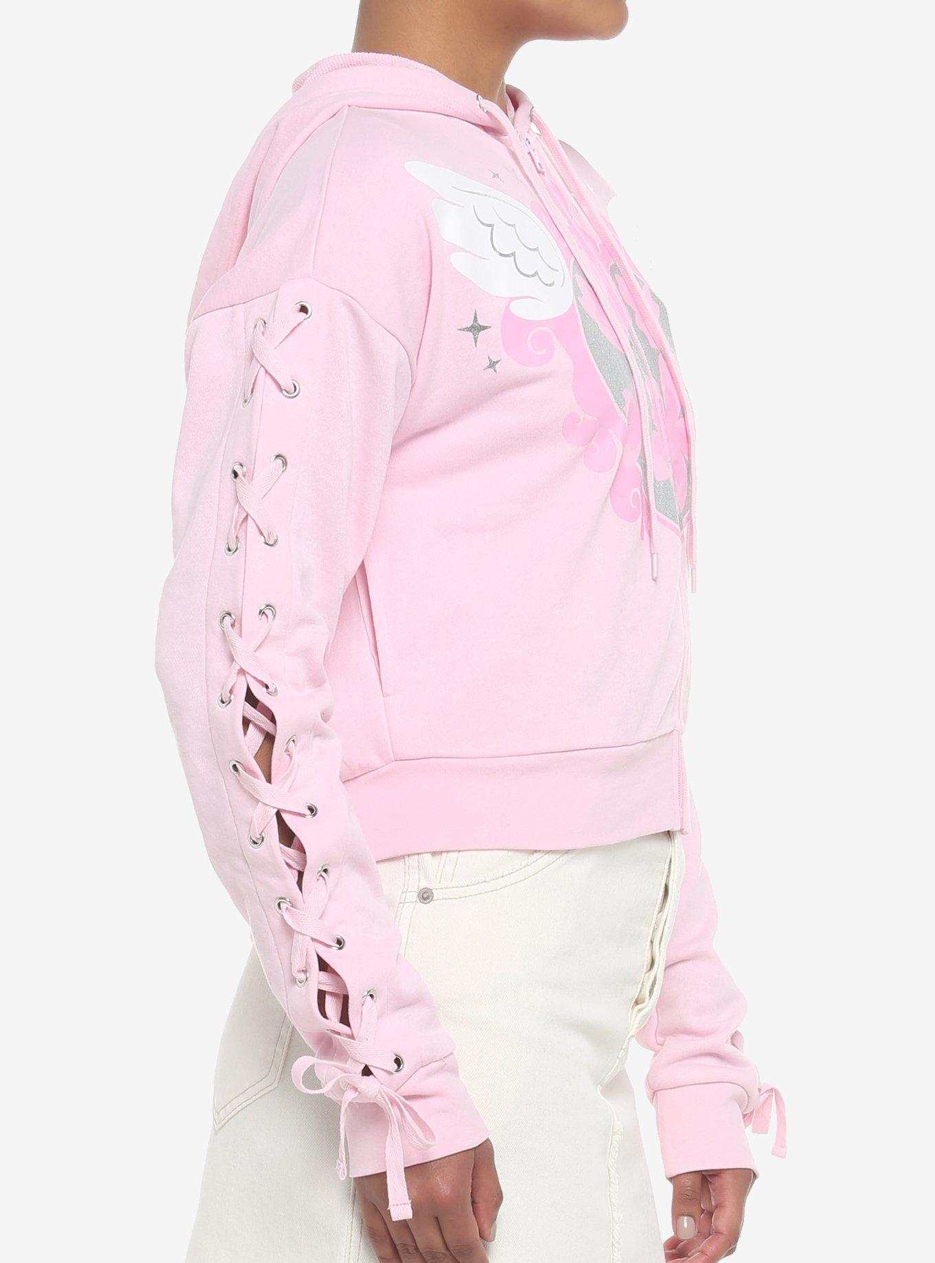 Angel Wings Lace-Up Sleeve Girls Hoodie, PINK, alternate
