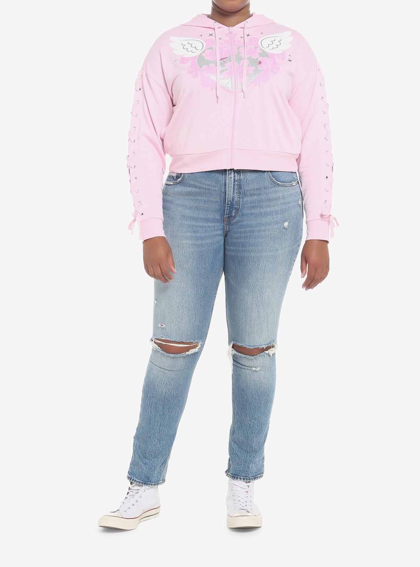 Angel Wings Lace-Up Sleeve Girls Hoodie Plus Size, PINK, alternate