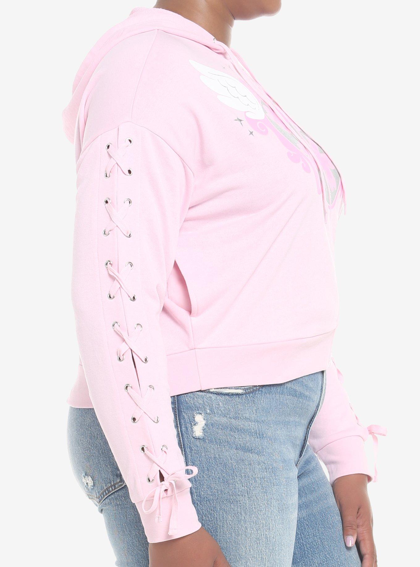 Angel Wings Lace-Up Sleeve Girls Hoodie Plus Size, PINK, alternate