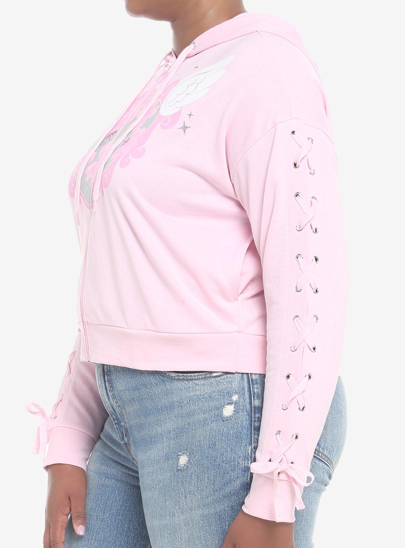 Angel Wings Lace-Up Sleeve Girls Hoodie Plus Size, PINK, alternate