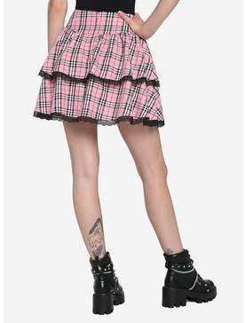 Pink Plaid Lace-Up Tiered Skirt, , hi-res