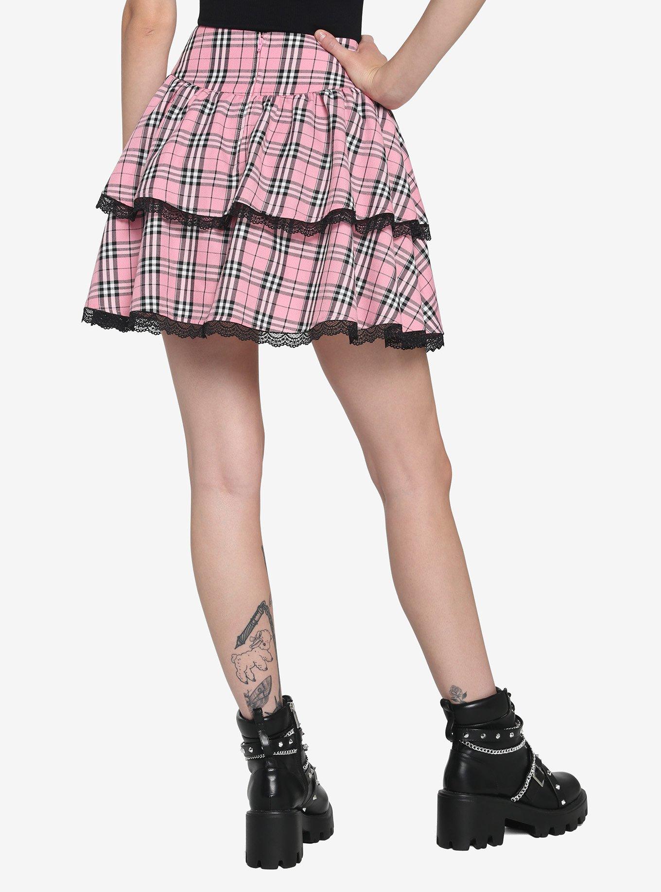 Pink Plaid Lace-Up Tiered Skirt, PLAID - PINK, alternate