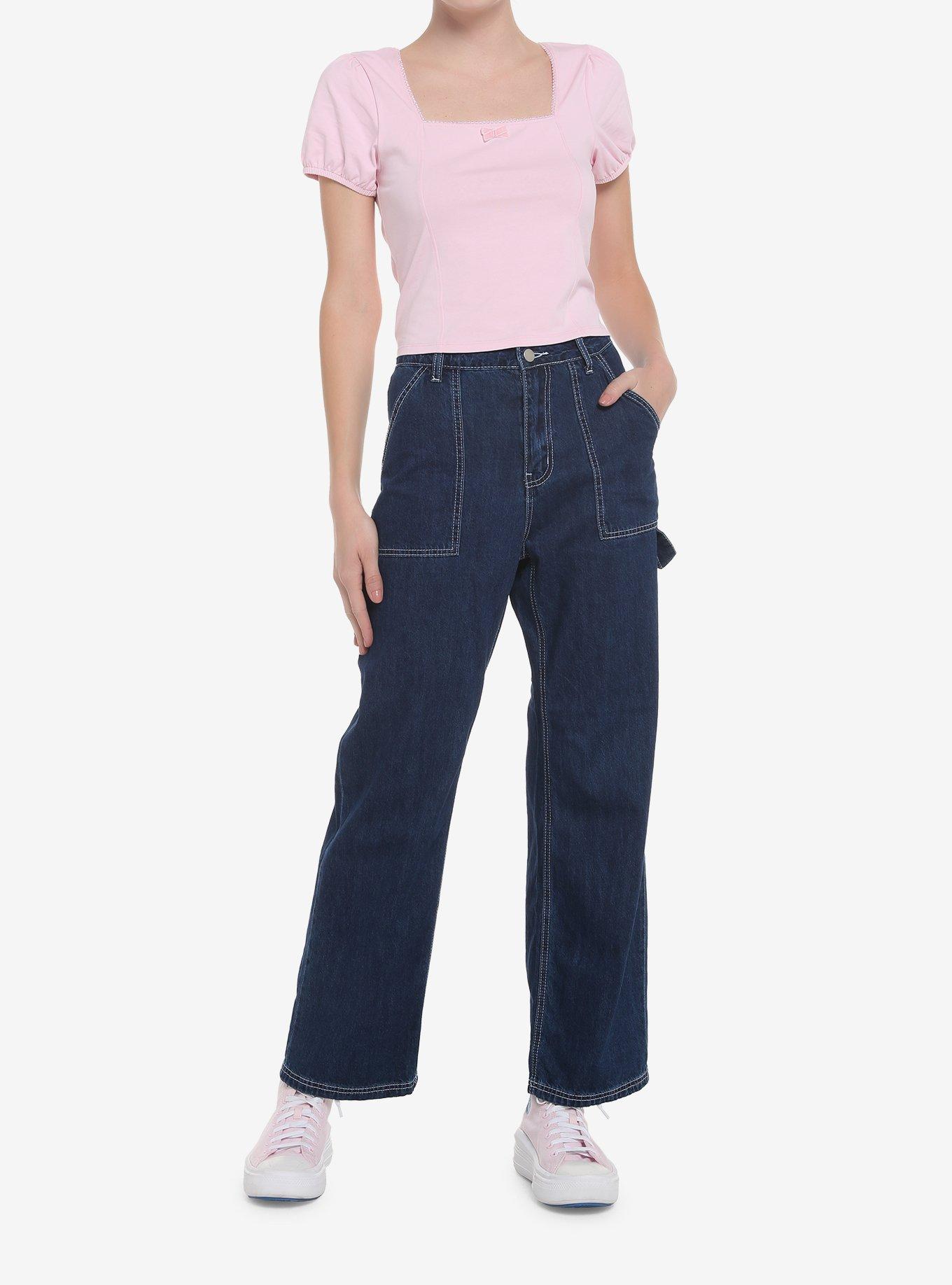 Pastel Pink Puff-Sleeve Girls Crop Top, PINK, alternate