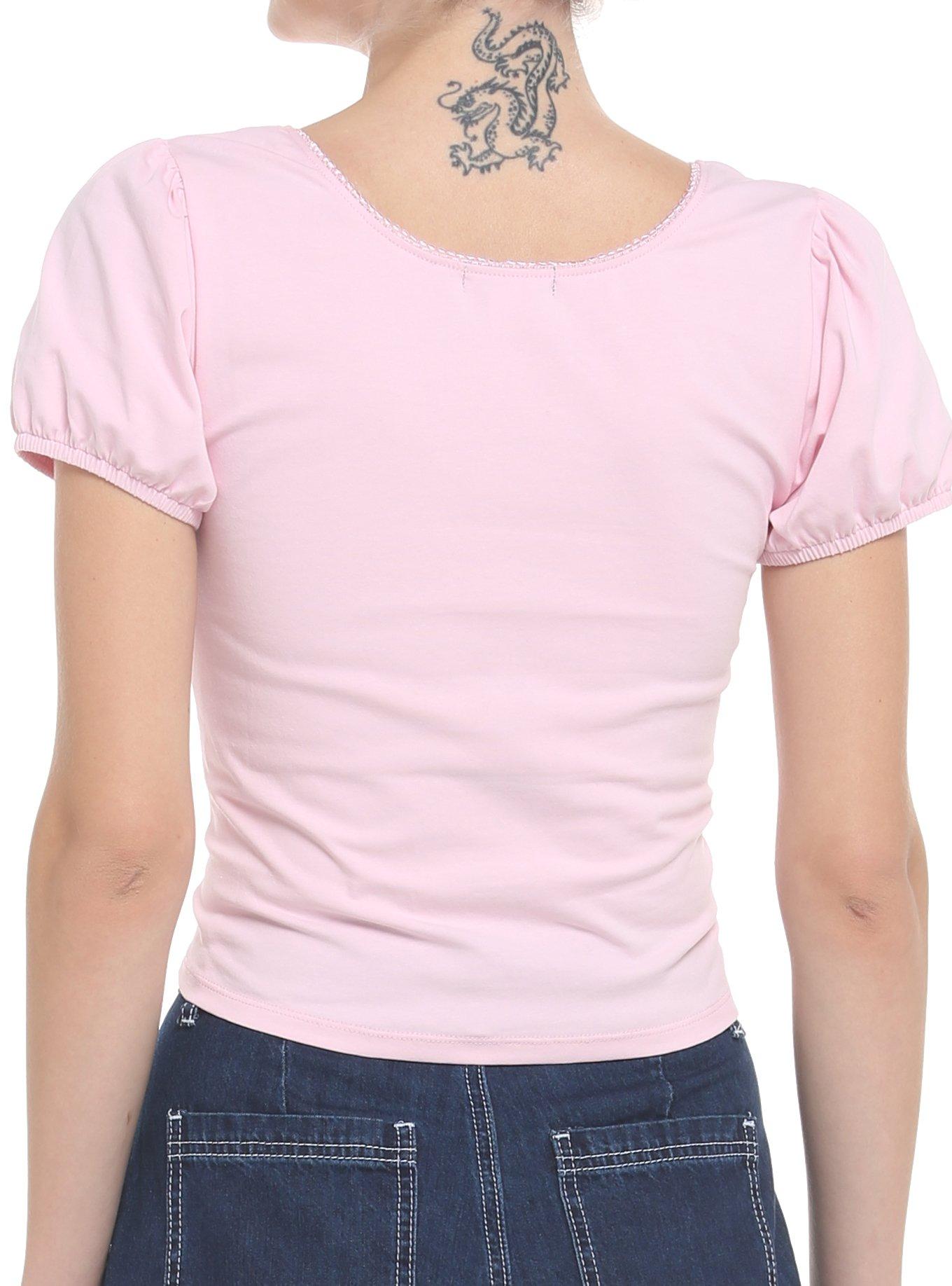 Pastel Pink Puff-Sleeve Girls Crop Top, PINK, alternate