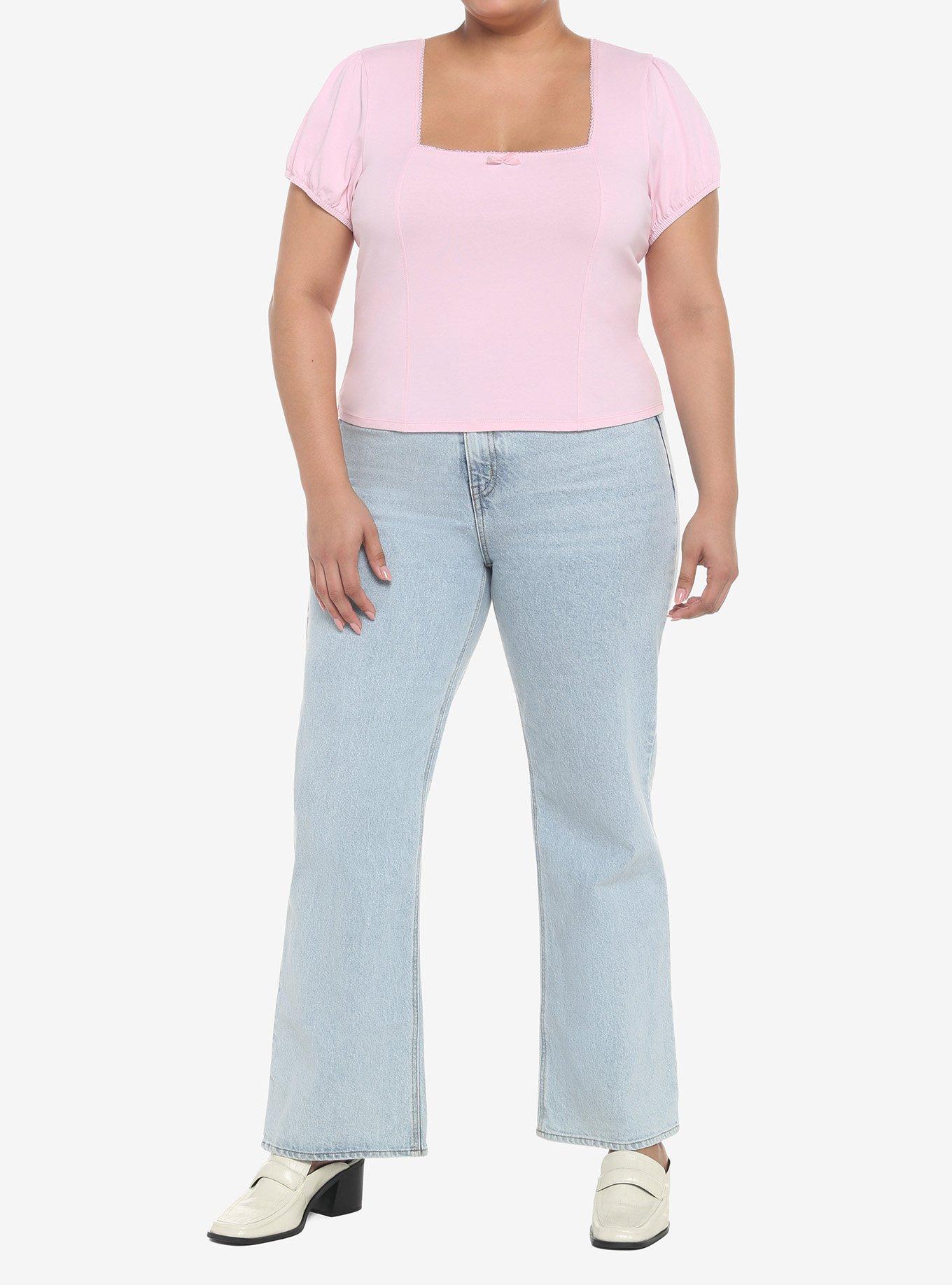 Pastel Pink Puff-Sleeve Girls Crop Top Plus Size, PINK, alternate