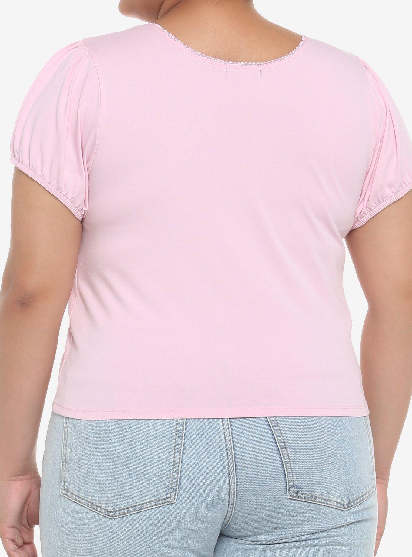 Pastel Pink Puff-Sleeve Girls Crop Top Plus Size, PINK, alternate