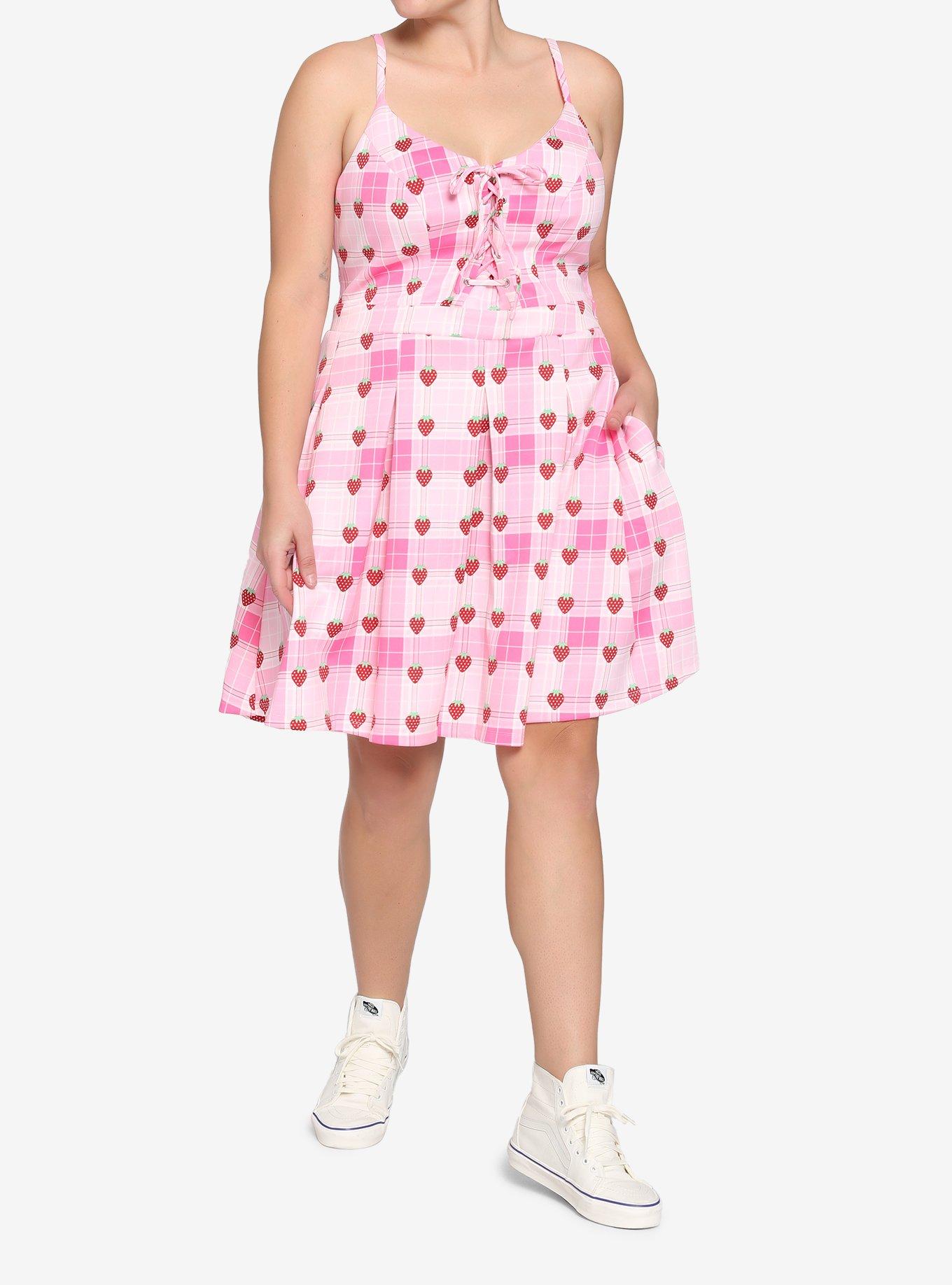 Strawberry Plaid Lace-Up Dress Plus Size, PLAID - PINK, alternate