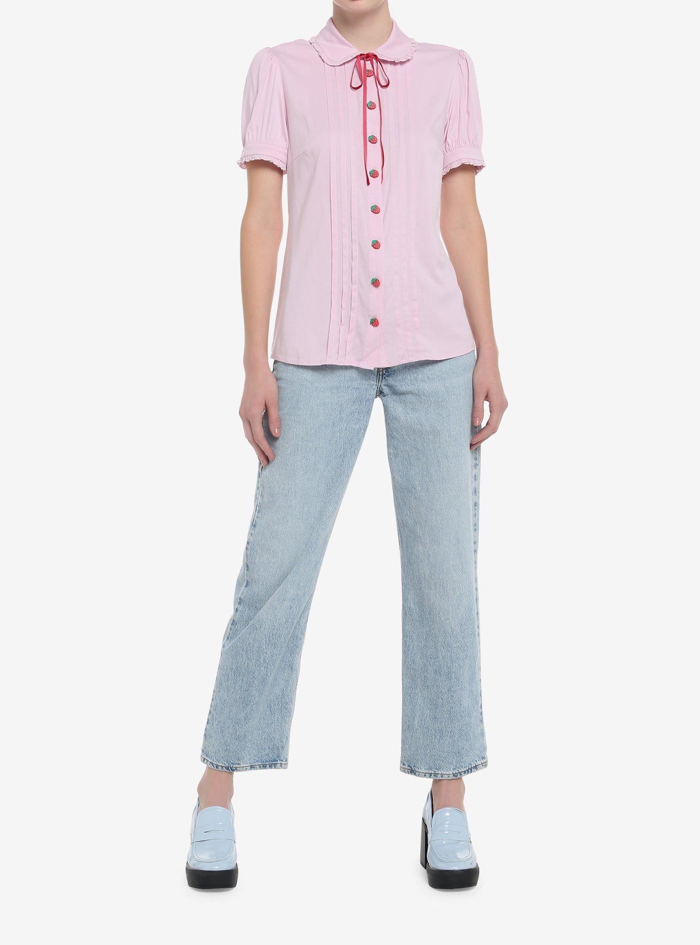 Strawberry Pink Pleated Girls Woven Button-Up, PINK, alternate