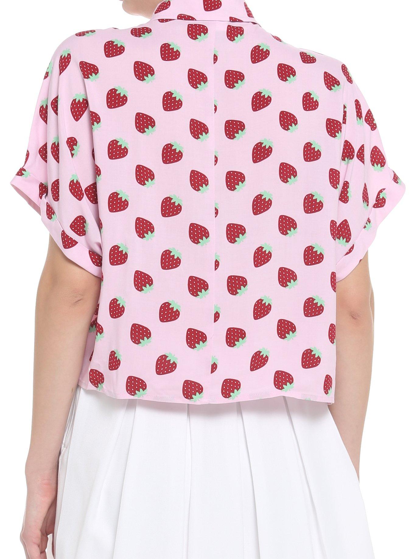 Strawberry Allover Print Crop Girls Woven Button-Up, PINK, alternate