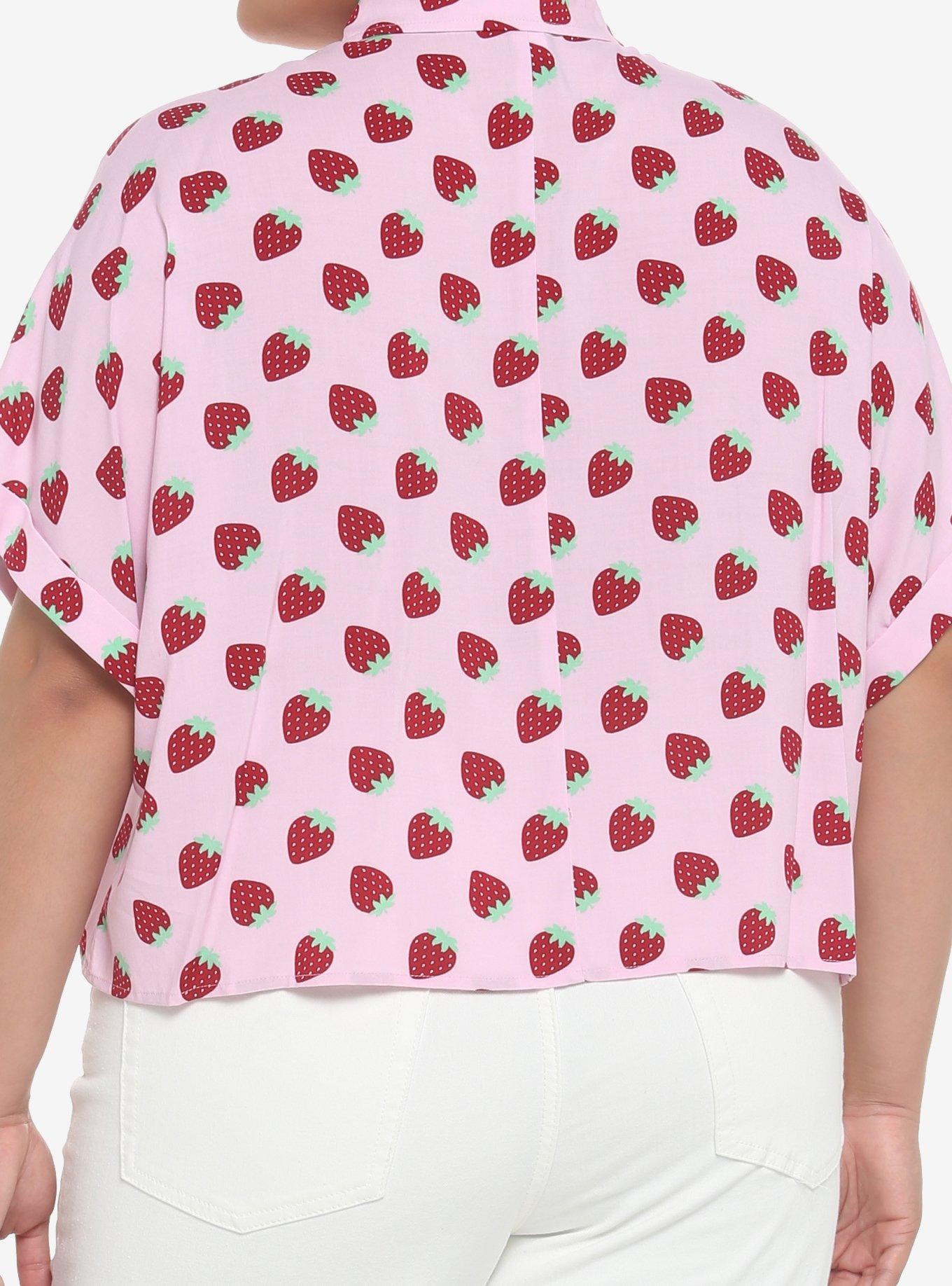 Strawberry Allover Print Crop Girls Woven Button-Up Plus Size, PINK, alternate