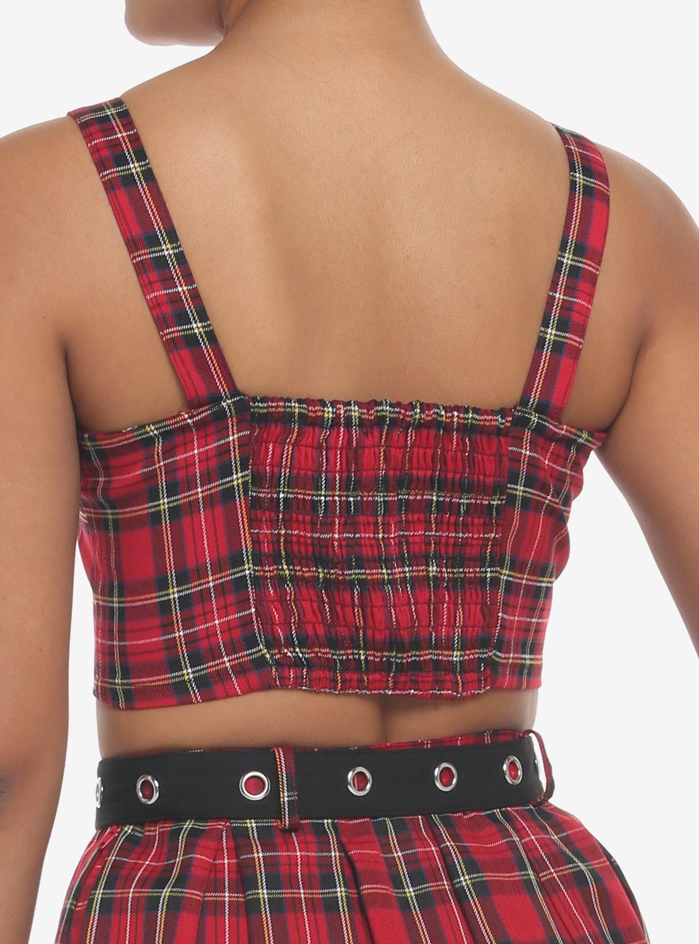 Red Plaid Buckle Strap Girls Crop Tank Top, RED, alternate