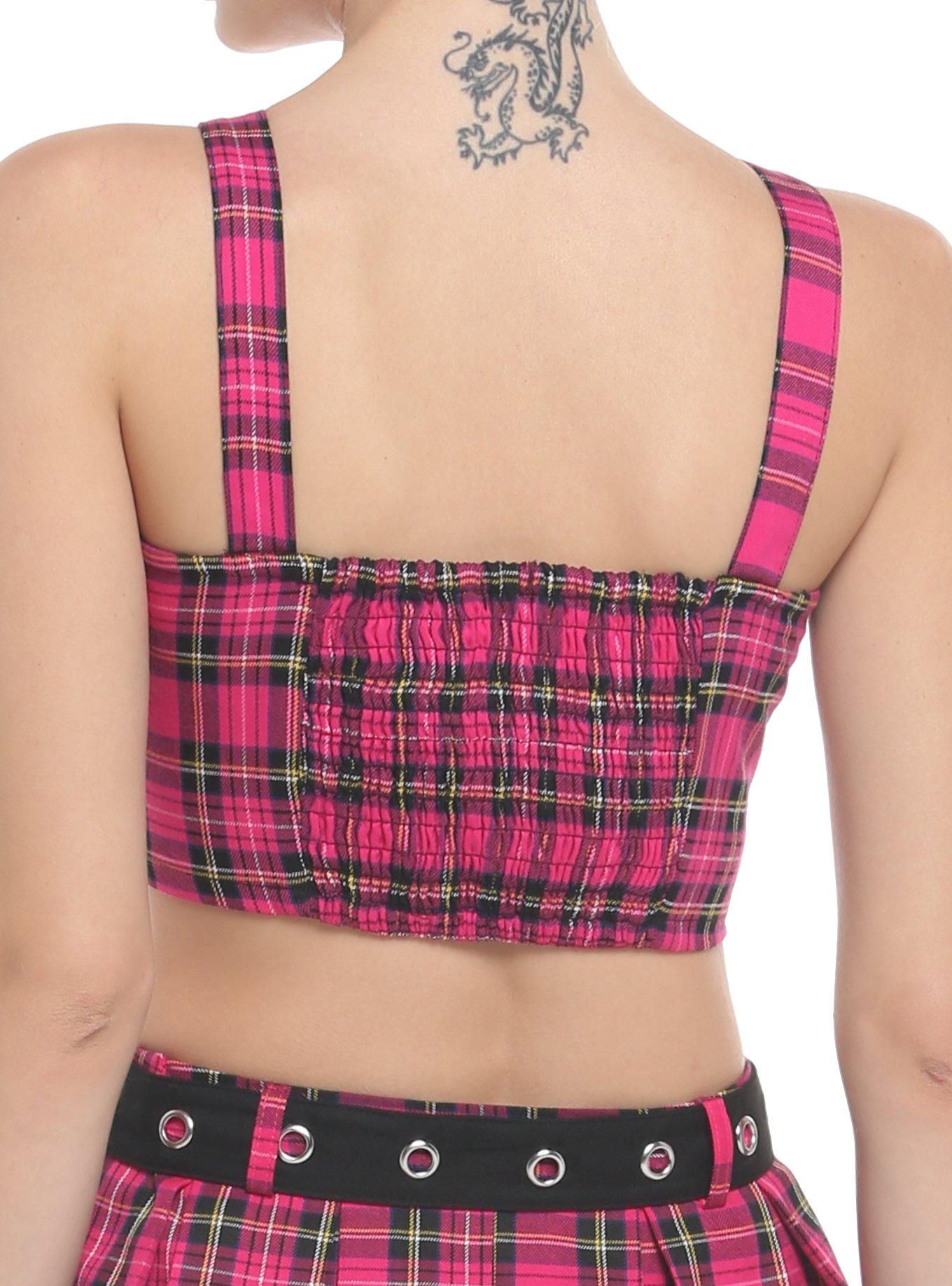 Hot Pink Tartan Hook-And-Eye Girls Crop Tank Top, PINK, alternate