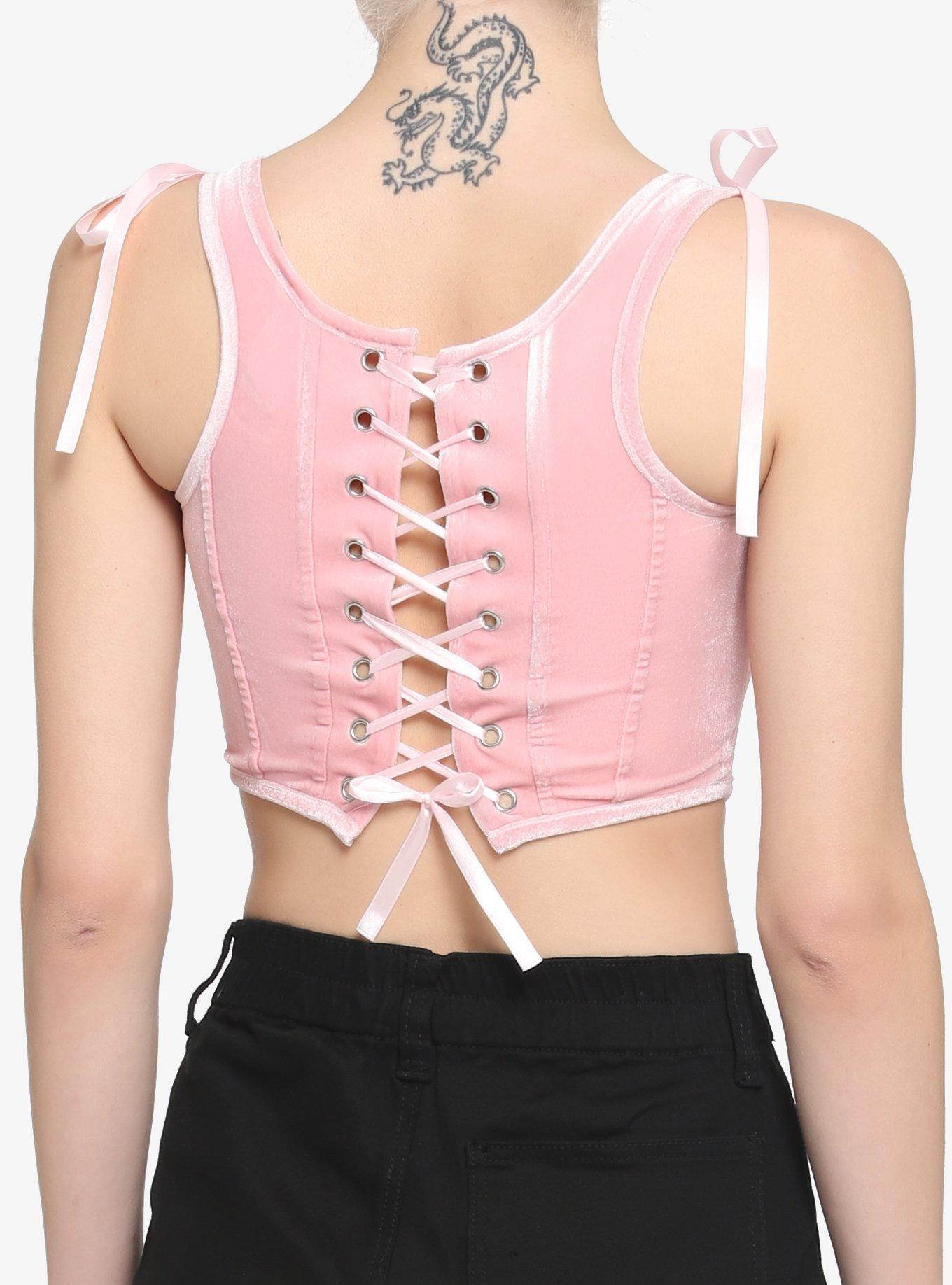 Pink Lace-Up Crop Corset Top, PINK, alternate