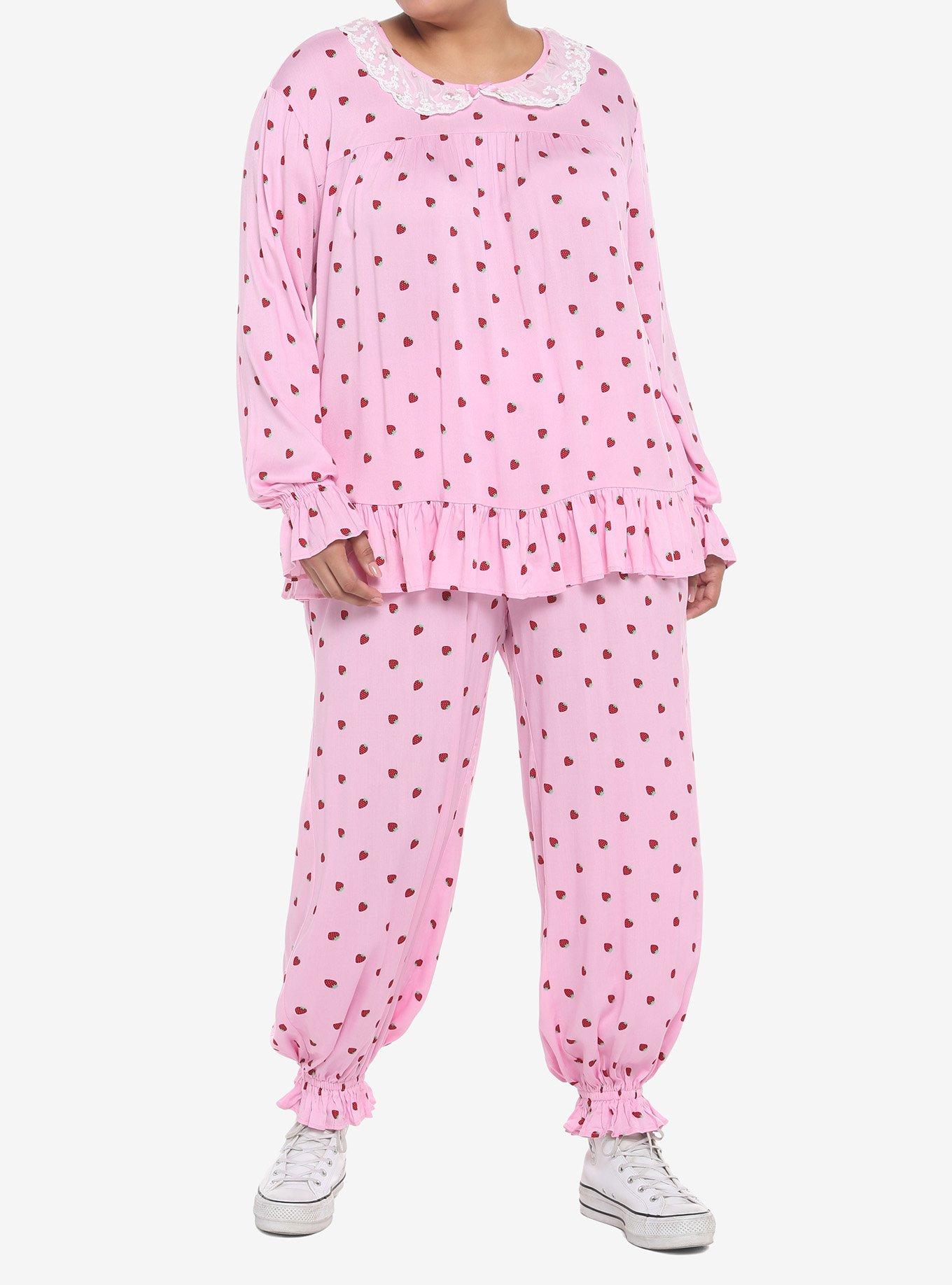 Strawberry Allover Print Girls Lounge Set Plus Size, PINK, alternate