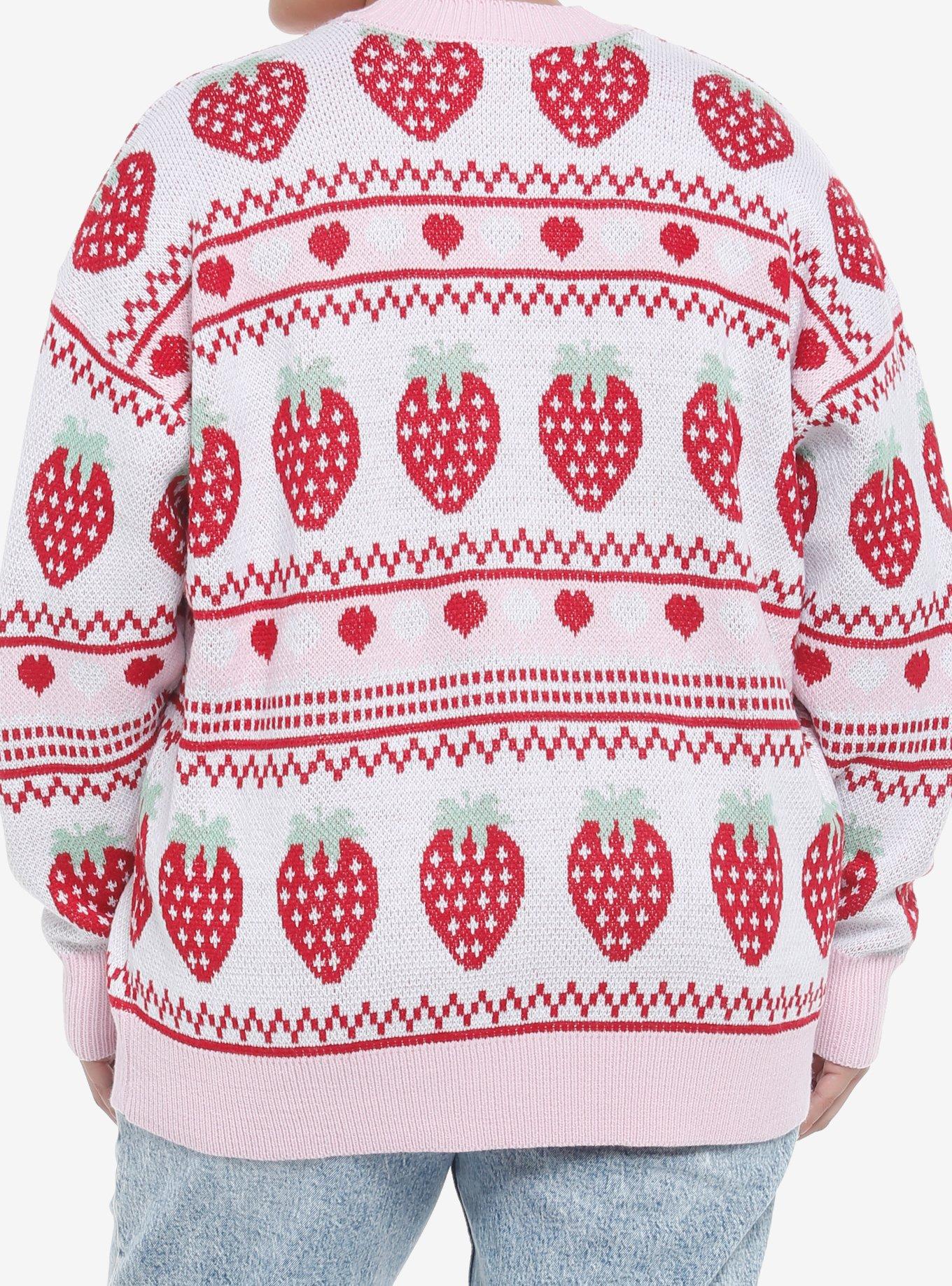 Strawberry Fair Isle Girls Oversized Cardigan Plus Size, PINK, alternate