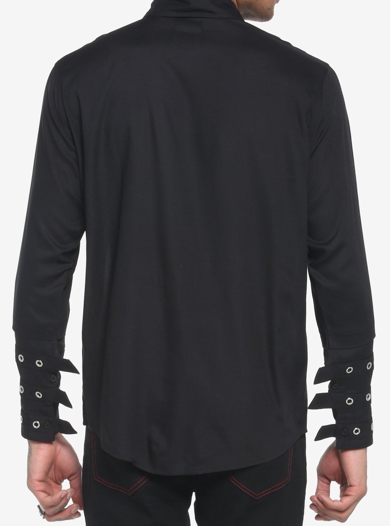Black Grommet Strap Long-Sleeve Woven Button-Up, BLACK, alternate