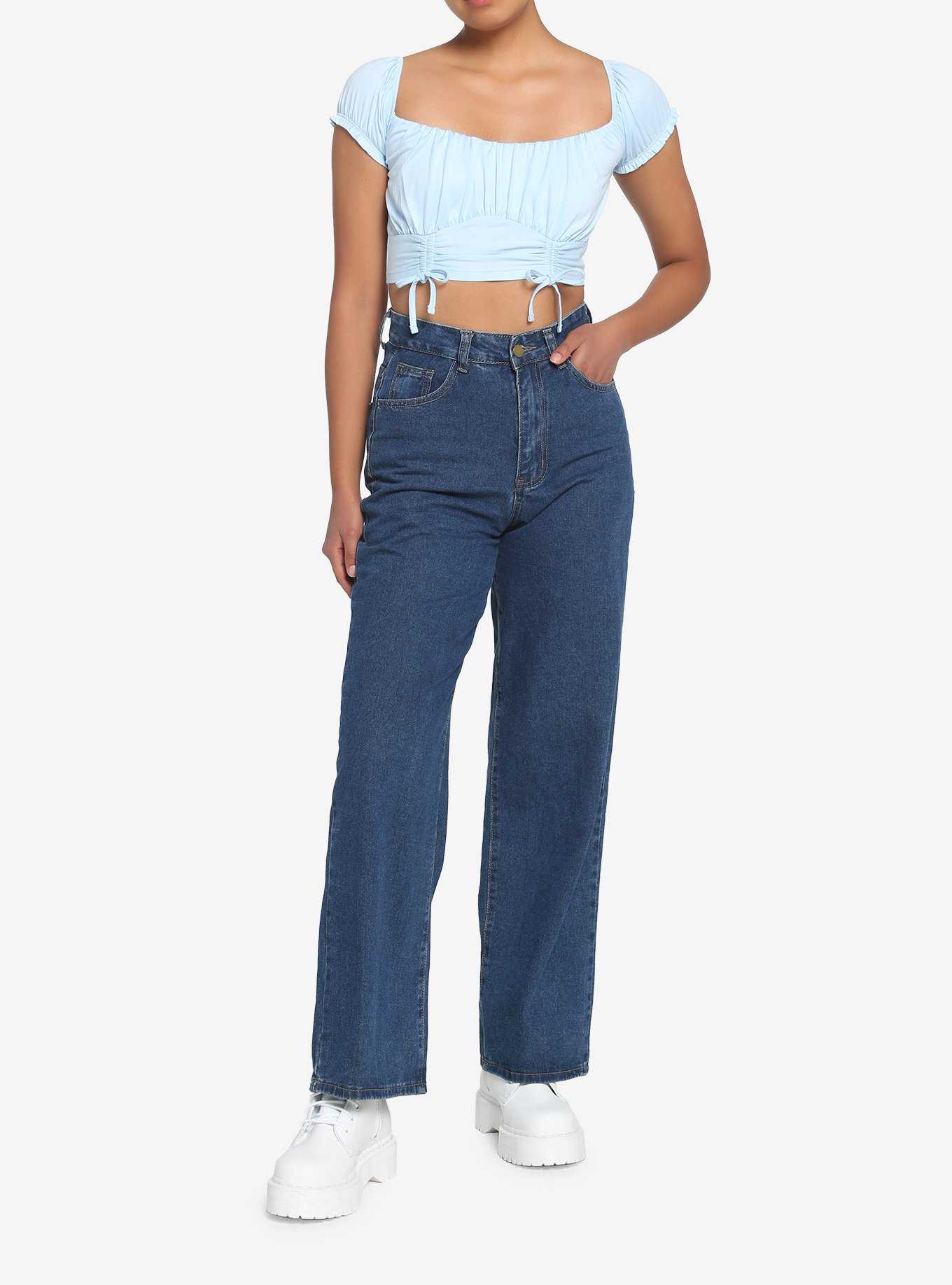 Light Blue Double Ruched Girls Crop Top, , hi-res